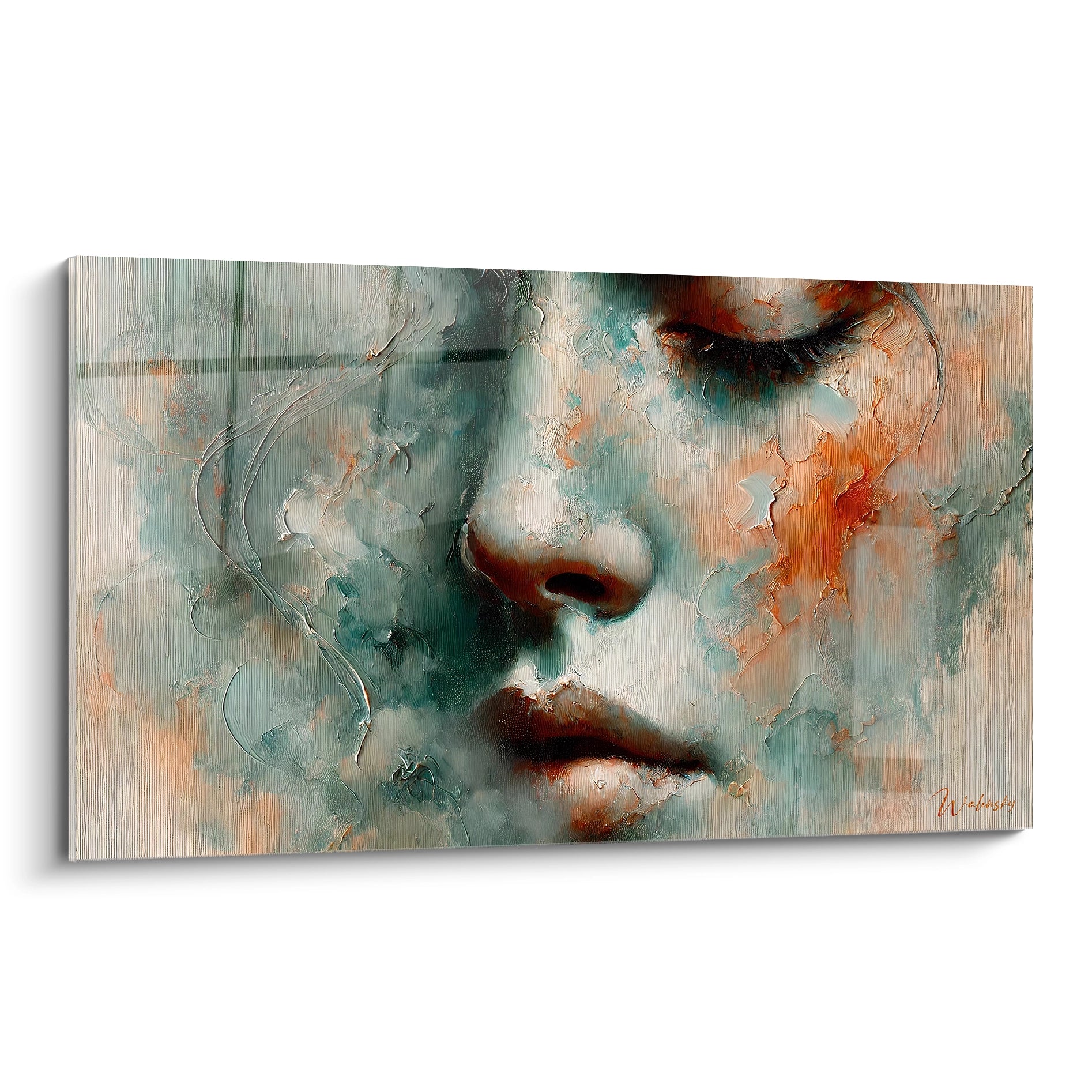 Découvrez le tableau "Reflet voilé" vu de biais, dévoilant sa texture granuleuse et ses nuances de bleu, vert et orangé. L'abstraction donne vie à ce portrait mystérieux.