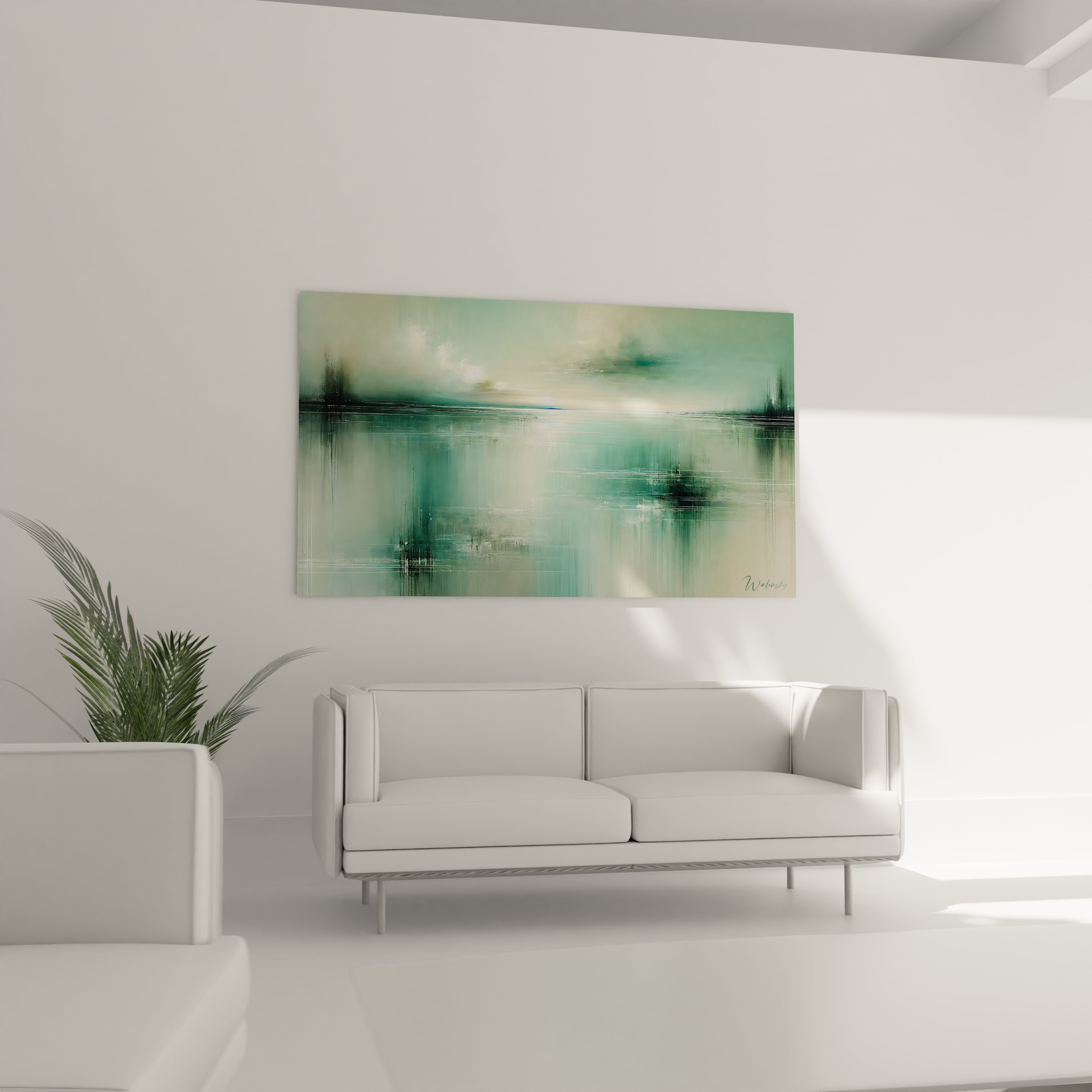  Tableau "Reflets de Jade" accroché au-dessus du canapé, ajoutant une atmosphère paisible et minimaliste au salon avec ses reflets d'eau et ses tons verts apaisants.