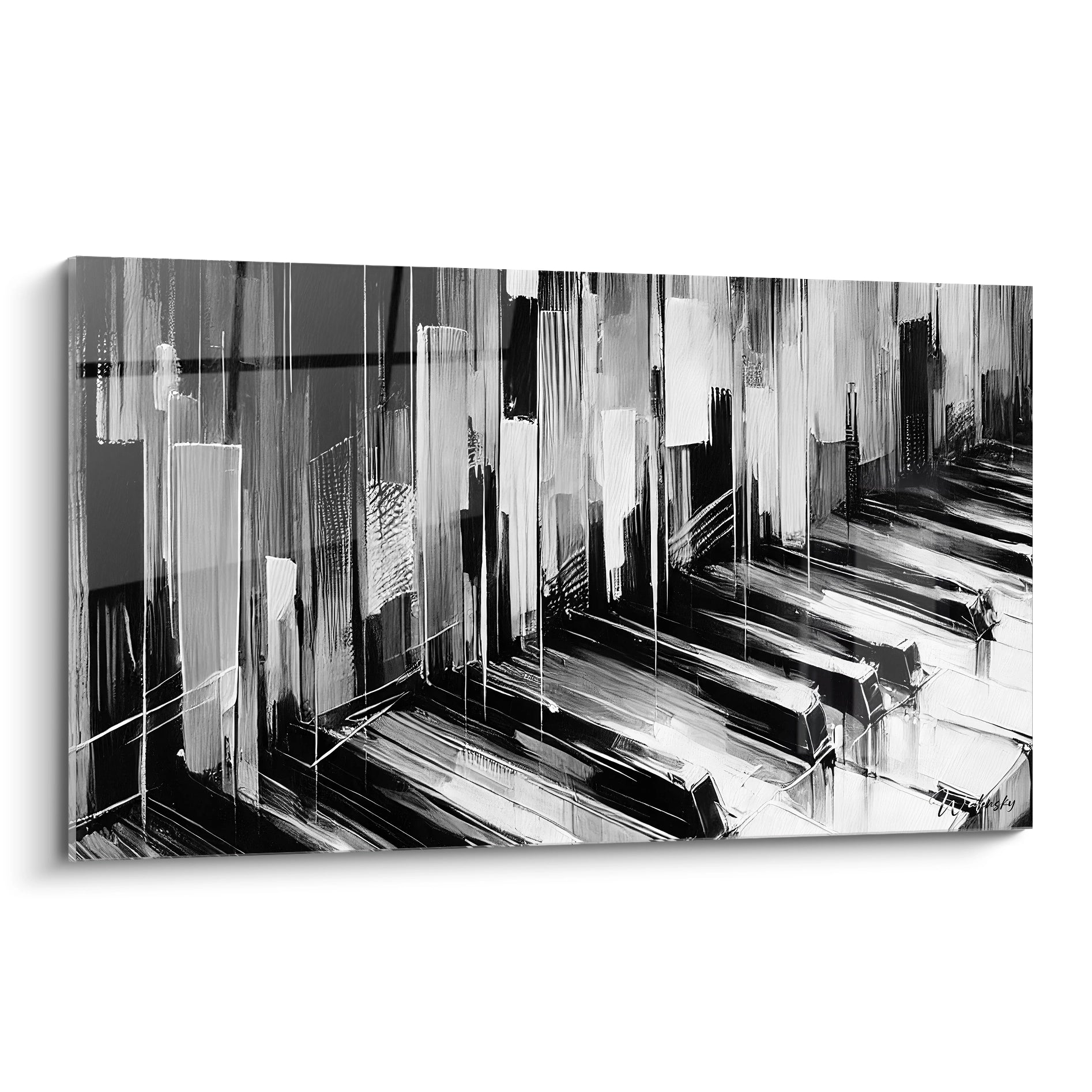 "Symphonie en Noir vue de biais : tableau contemporain en noir et blanc avec touches de piano abstraites, apportant une dynamique urbaine à votre décoration murale."

