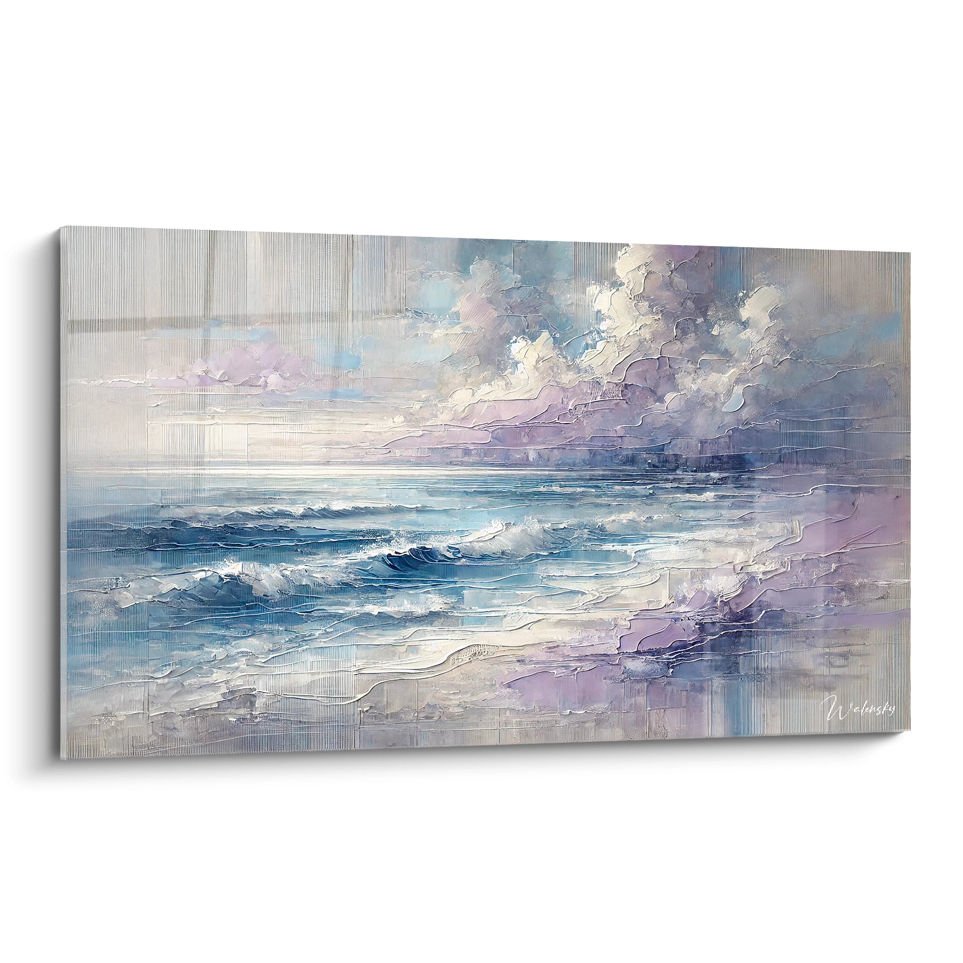 Présentation du tableau "Vagues de Lavande" vu de biais. Des nuances de bleu et de violet, des vagues douces, et une texture fluide créent un paysage marin apaisant et onirique. 🌊

