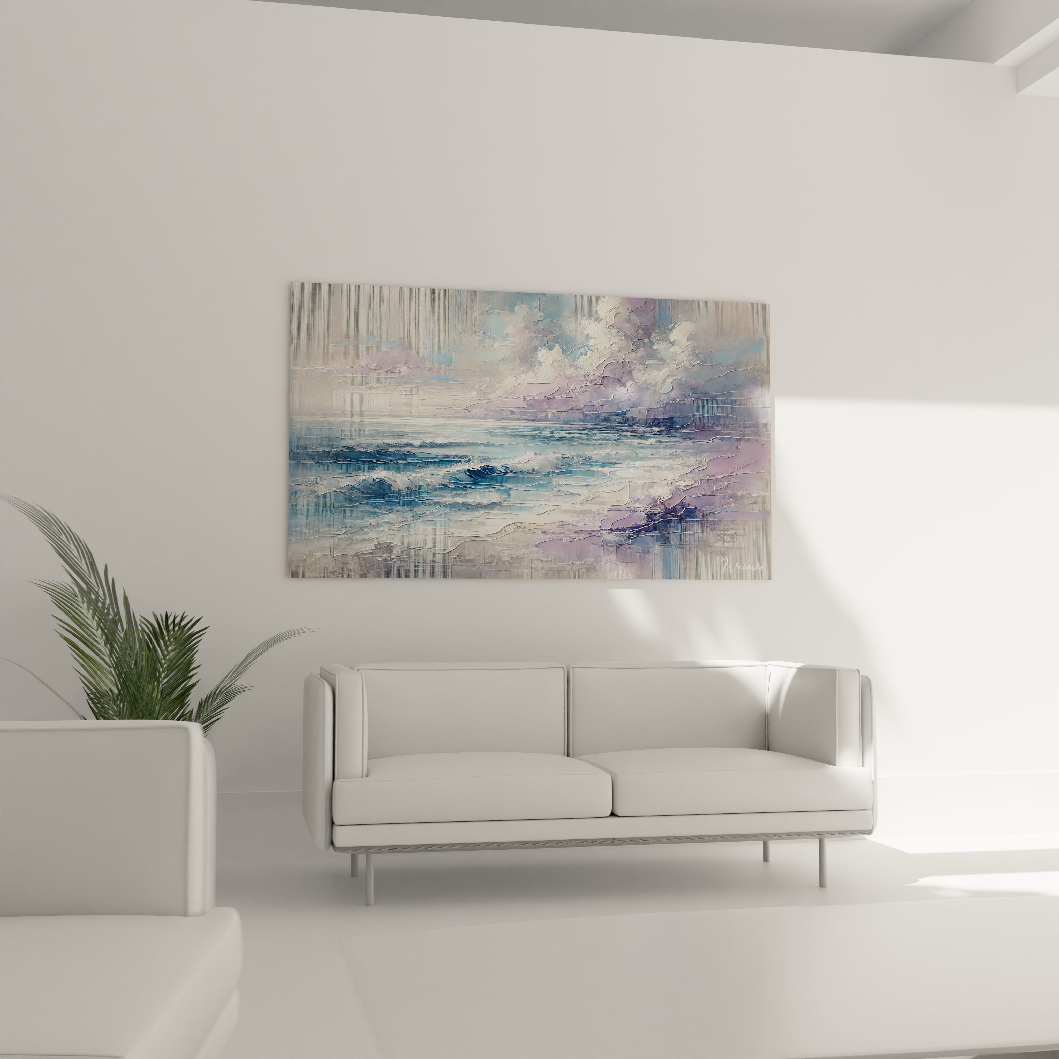 "Vagues de Lavande" au-dessus du canapé, sublimant le salon. Ses couleurs pastels et sa texture apportent une atmosphère apaisante et moderne à l'espace de vie. 🛋️✨

