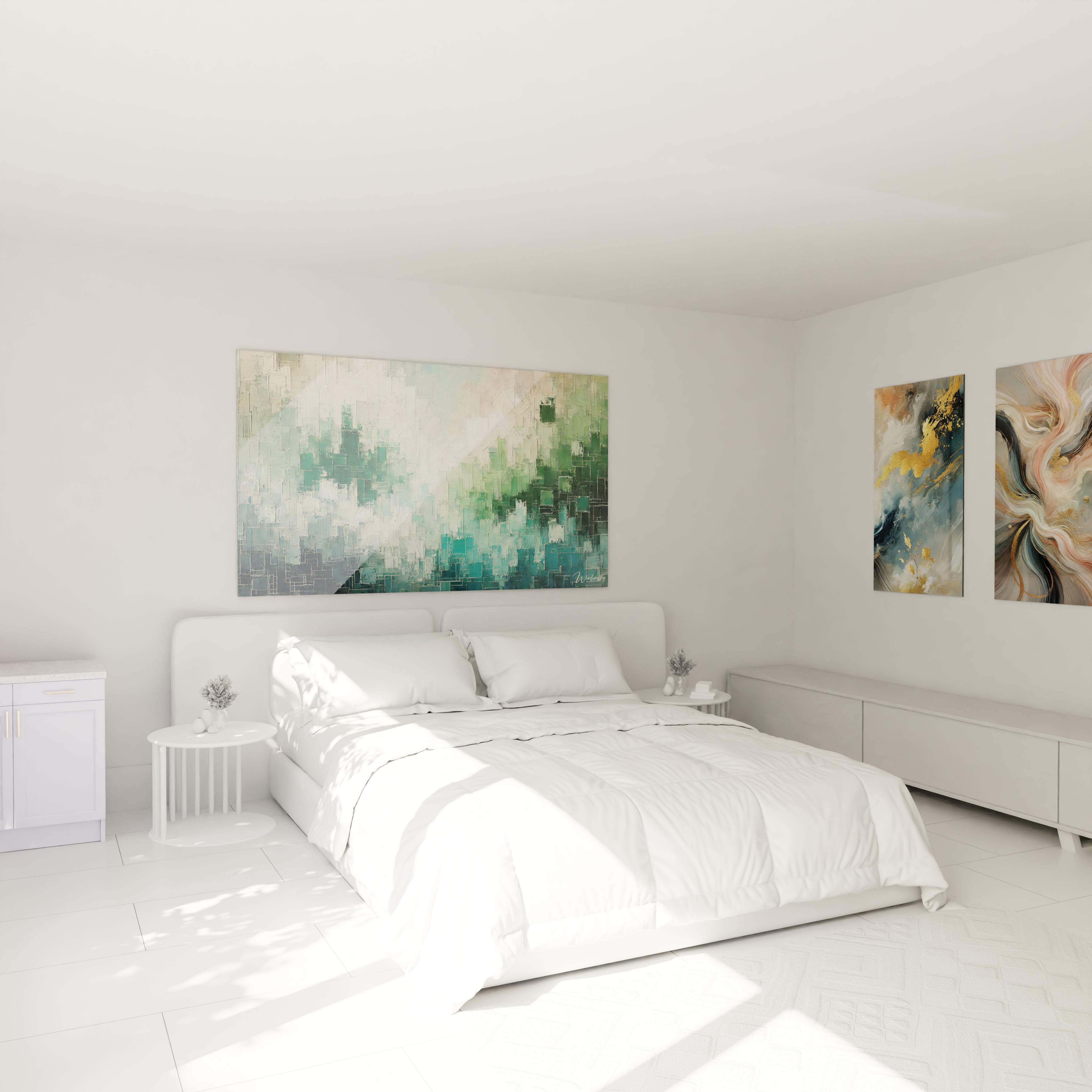 Le tableau abstrait vert et blanc accroché au-dessus d’un lit, ajoutant une touche apaisante à la chambre. La transition fluide des couleurs émeraude apporte une ambiance sereine à l’espace.

