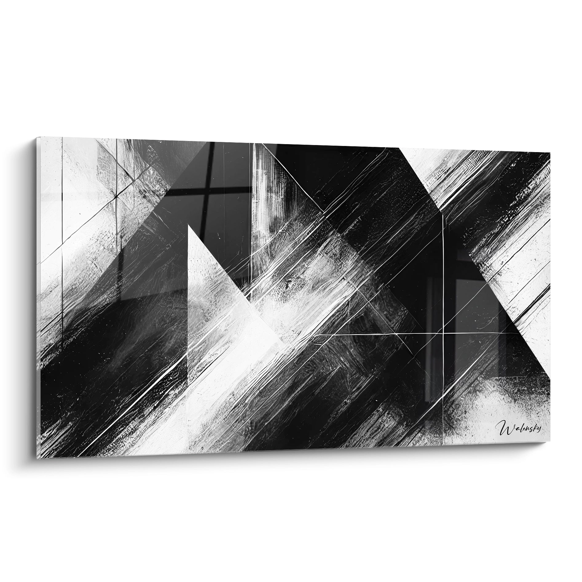 "Tableau abstrait 'Points de Convergence' en noir et blanc. Géométrie dynamique vue de biais, révélant des formes triangulaires et rectangulaires entrelacées."