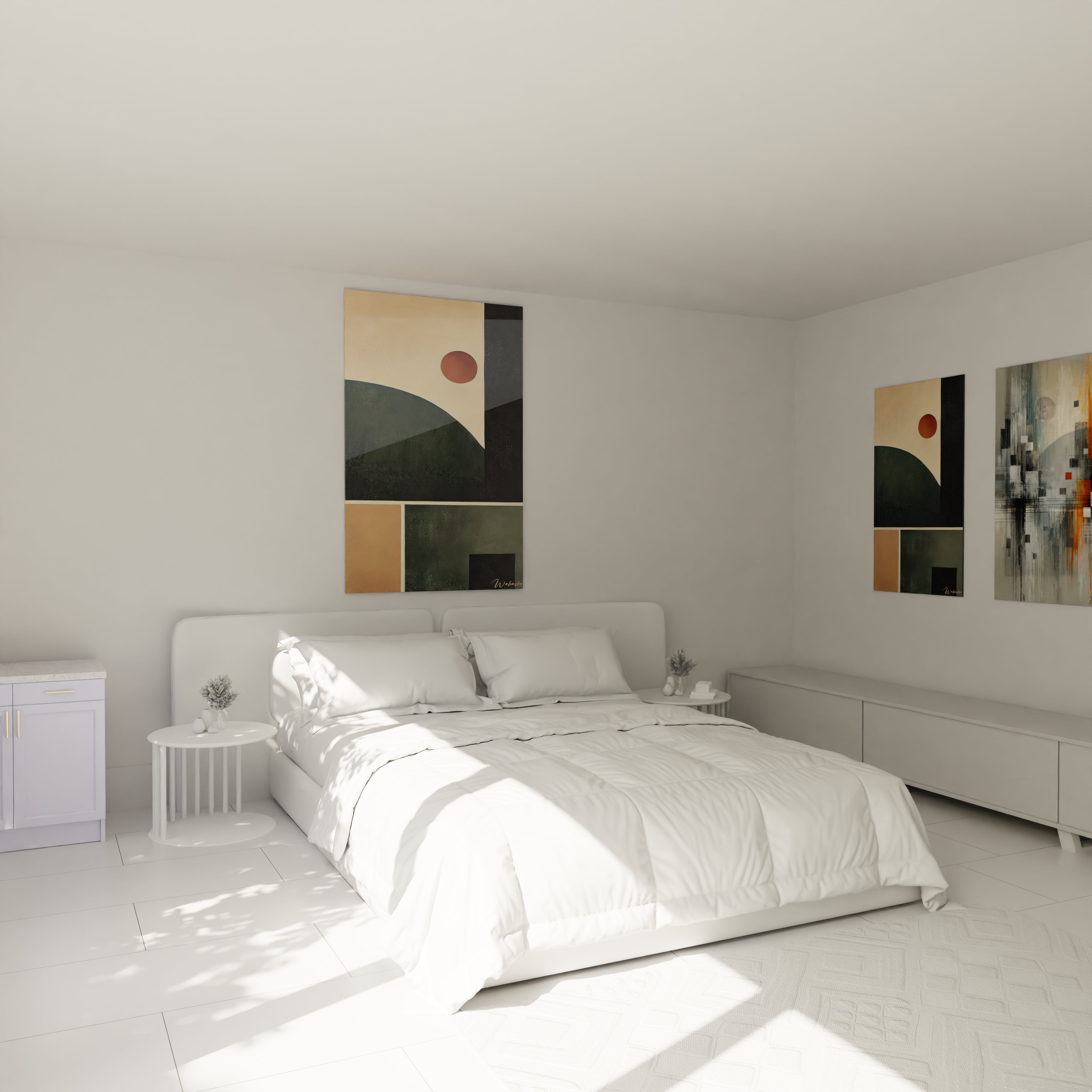 Un tableau apaisant au-dessus du lit : ses formes géométriques et ses couleurs terreuses créent un équilibre parfait. L'ajout idéal pour un espace zen. 🌅🛏️ #DécorationMurale

