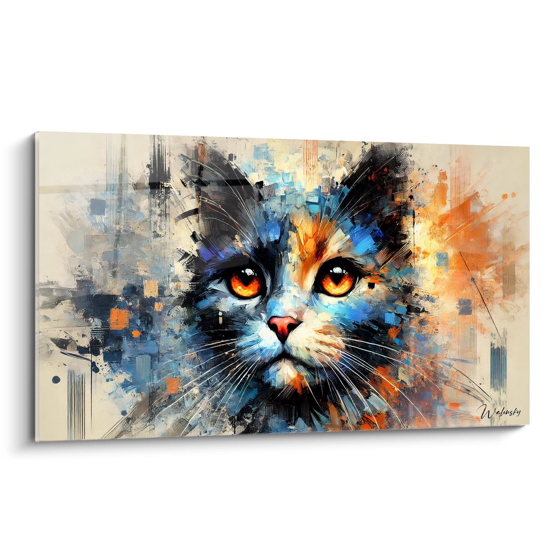 Ce tableau chat en vue de biais met en valeur ses couleurs vibrantes et ses détails abstraits. Avec des tons chauds et froids, cette œuvre ajoute une touche artistique à tout intérieur contemporain.