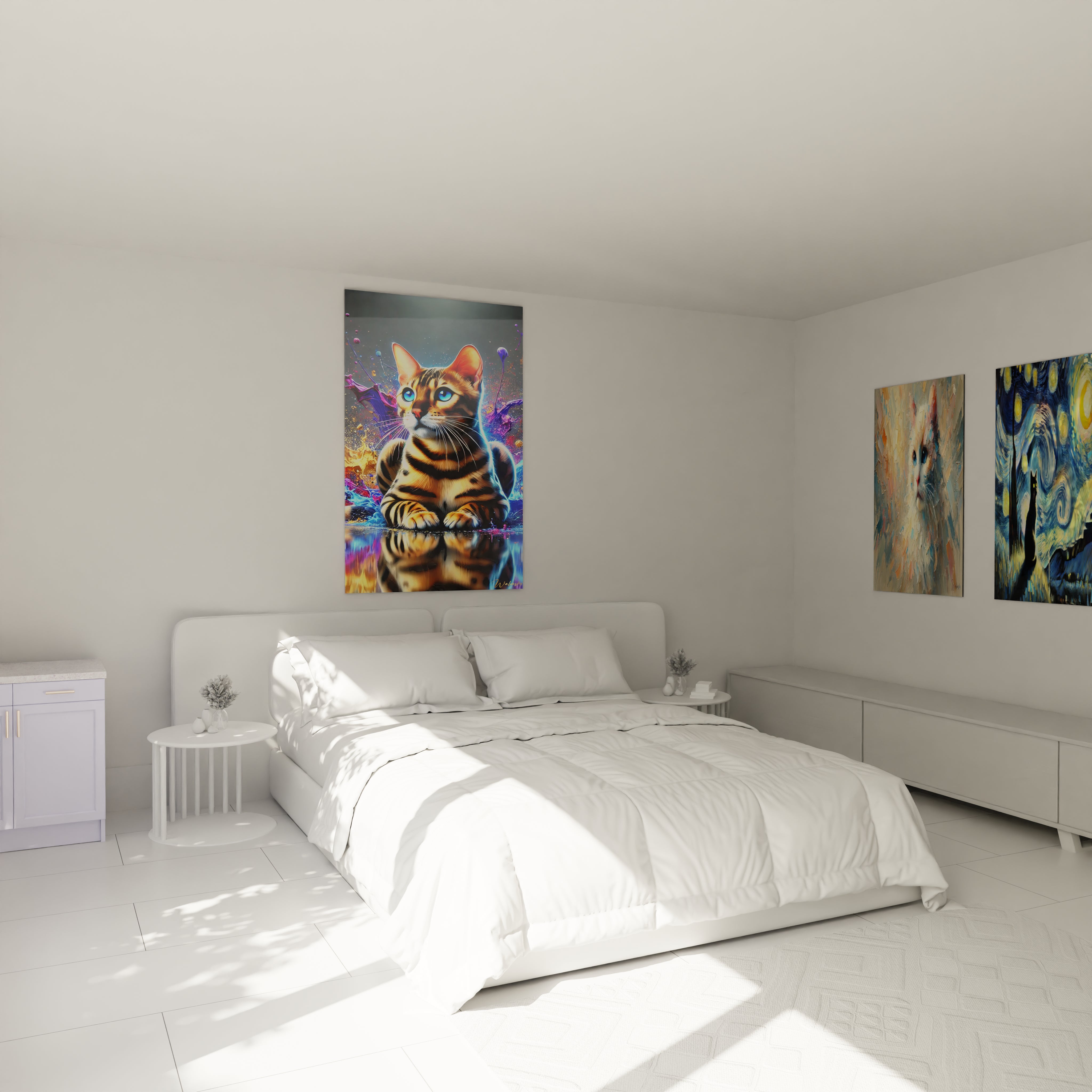 Ce tableau chat, accroché au-dessus du lit, ajoute une touche artistique unique à la chambre. Les couleurs éclatantes et les détails réalistes du chat tigré transforment l'ambiance de la pièce.

