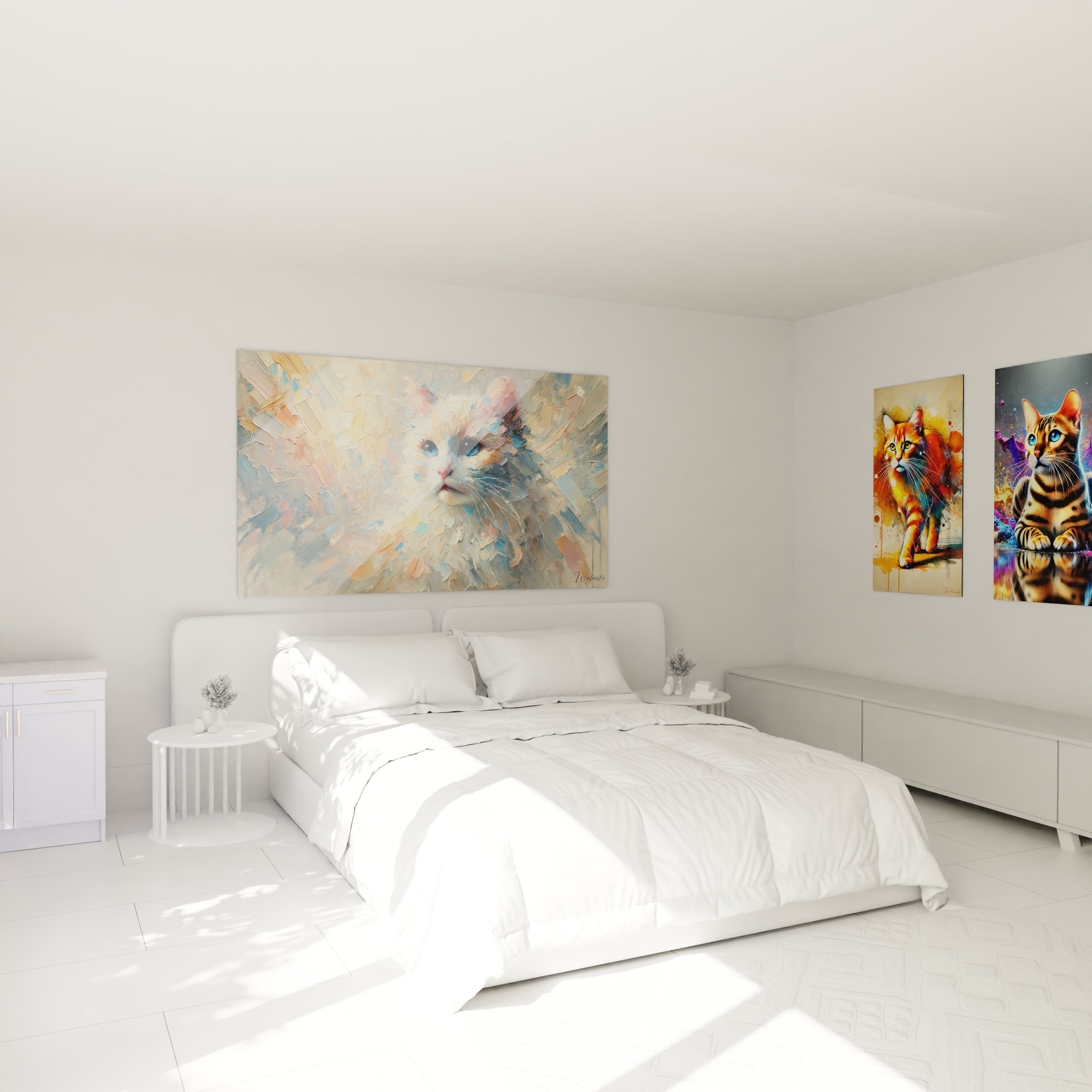 Le tableau chat accroché dans cette chambre au-dessus du lit apporte une touche artistique et apaisante. Les teintes pastel et le pelage texturé du chat créent une atmosphère relaxante et élégante.