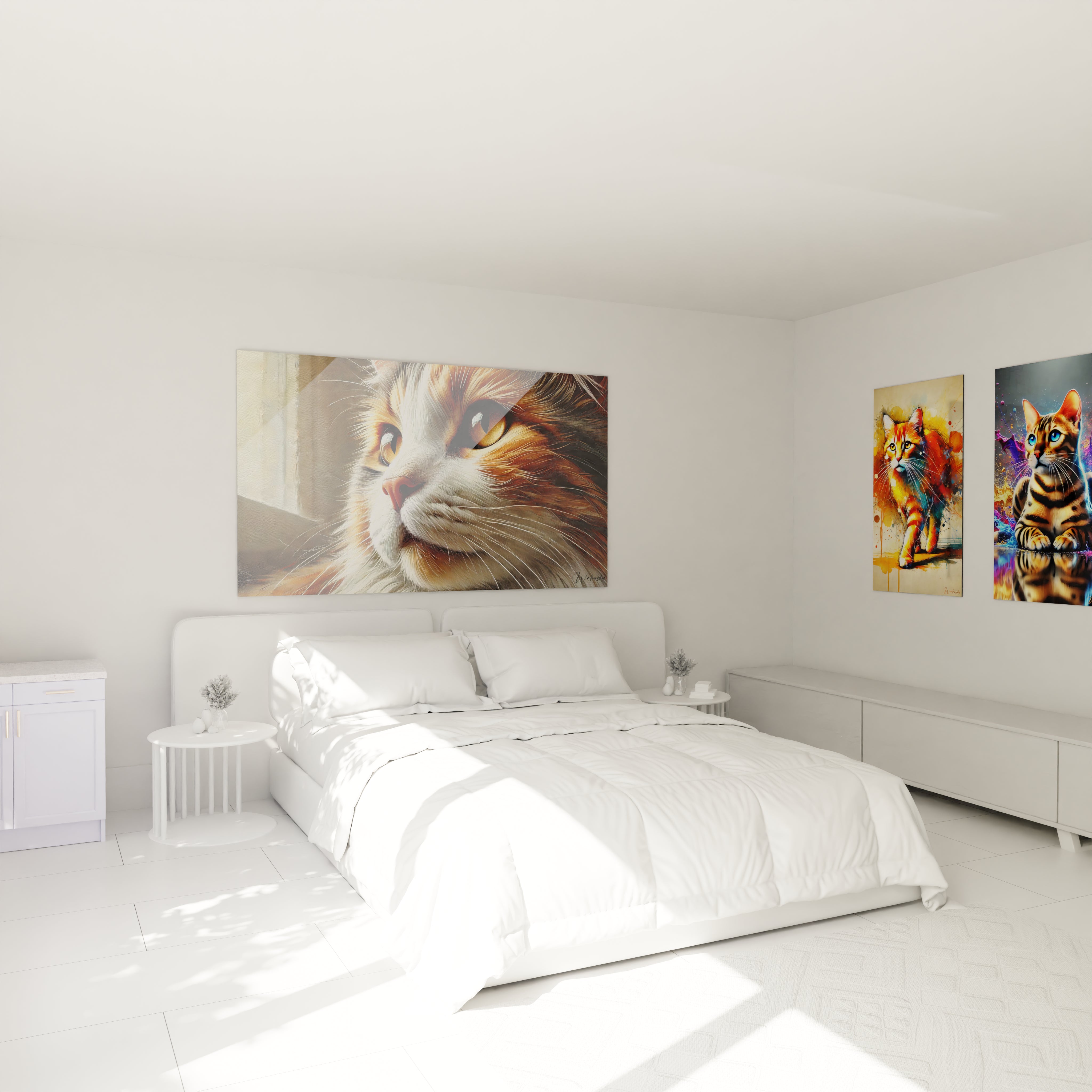 Ce tableau chat, suspendu au-dessus du lit, apporte une ambiance chaleureuse et apaisante à la chambre. Le portrait félin détaillé s'harmonise parfaitement avec une décoration moderne.
