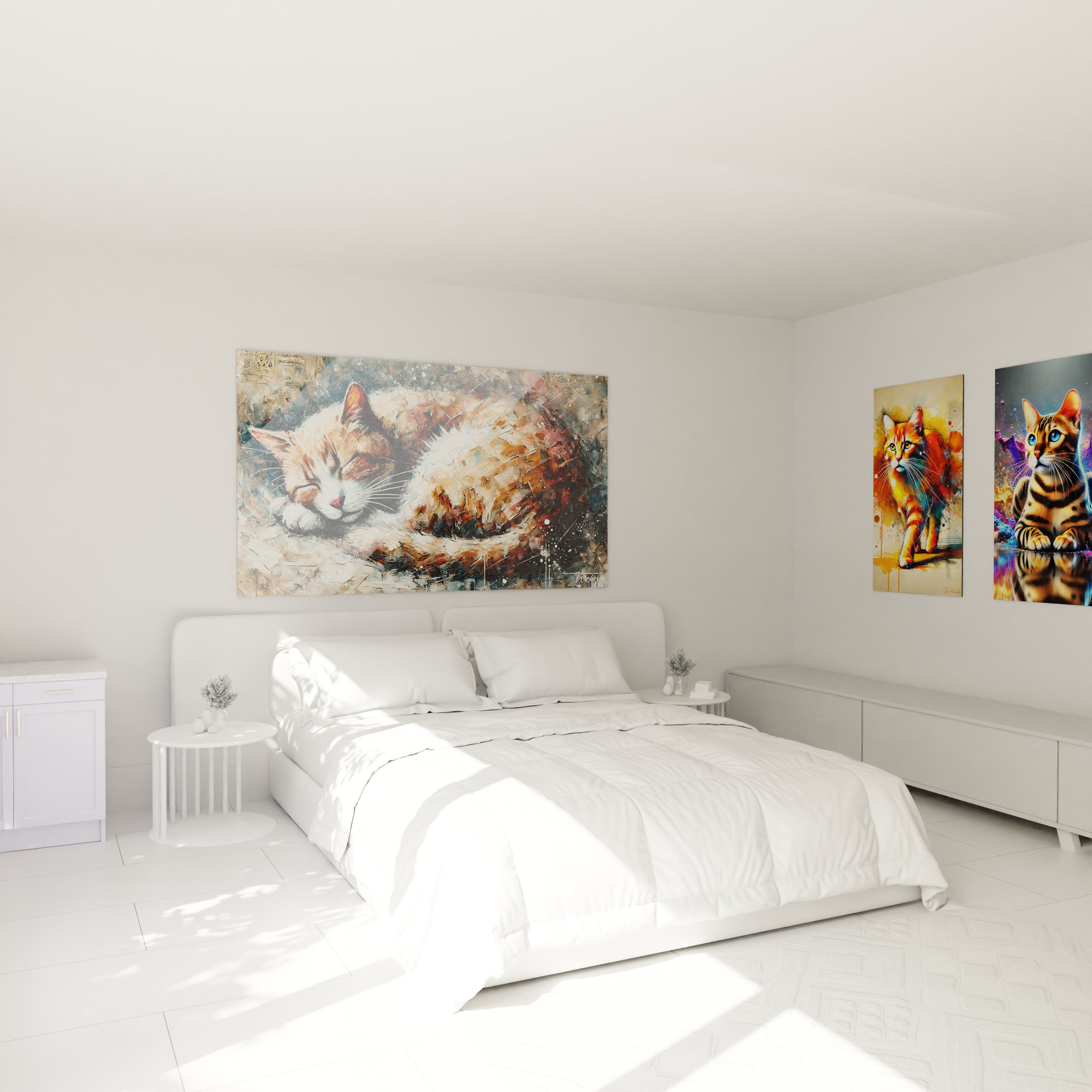 Ce tableau chat, suspendu au-dessus du lit, ajoute une atmosphère paisible à votre chambre. Ses couleurs riches et son style abstrait créent une ambiance relaxante, parfaite pour les moments de détente.

