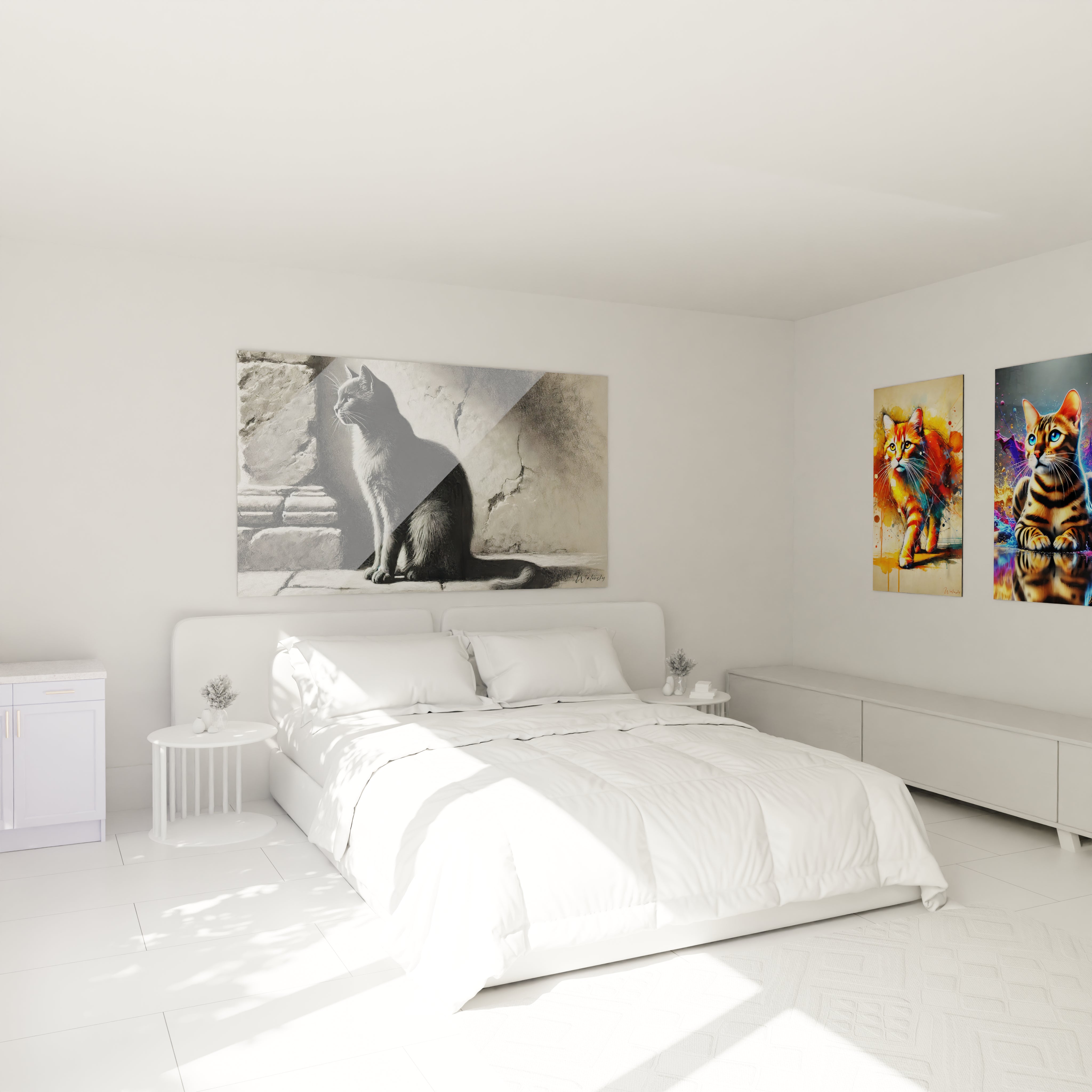 Accroché au mur au-dessus du lit, ce tableau chat en noir et blanc ajoute une ambiance sereine à votre chambre. Parfait pour une déco minimaliste et raffinée.

