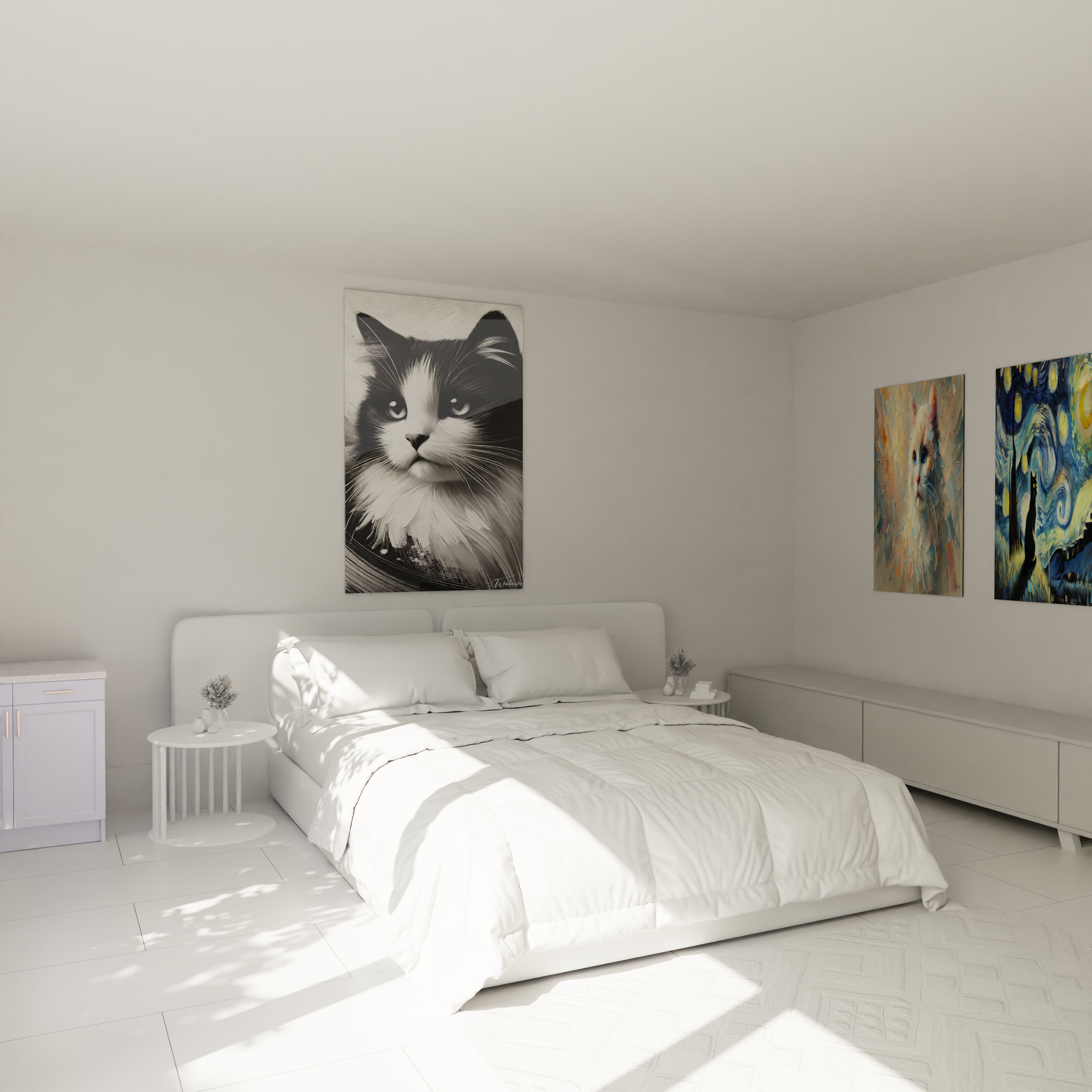 Apportez une touche élégante à votre chambre avec ce tableau chat en noir et blanc, accroché au-dessus du lit. Son minimalisme ajoute une ambiance apaisante et sophistiquée à votre espace.