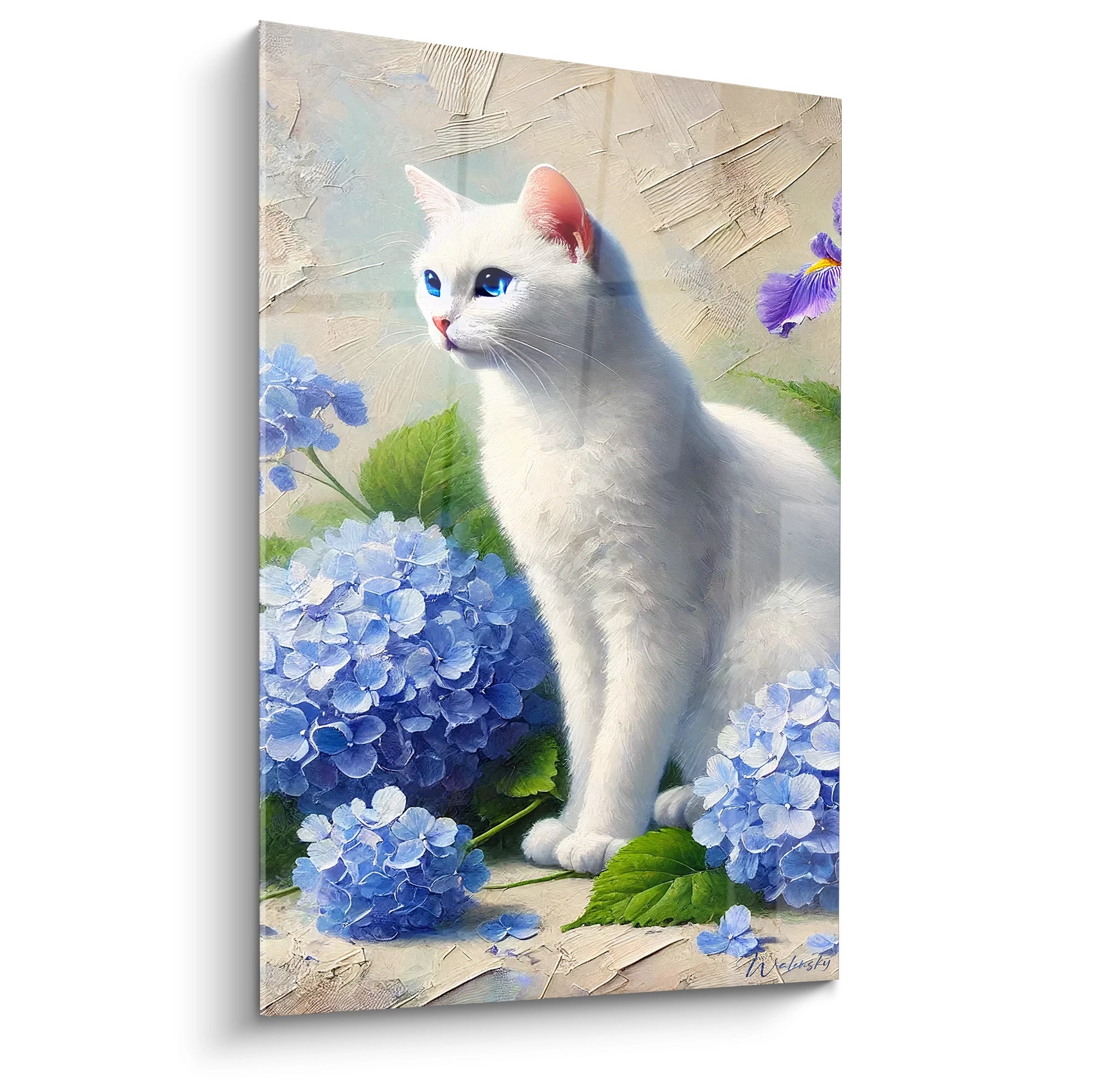 Ce tableau chat capture un chat blanc élégant entouré de fleurs d'hortensias bleues. Le contraste apaisant des couleurs et la texture délicate en font une œuvre parfaite pour une décoration sereine.