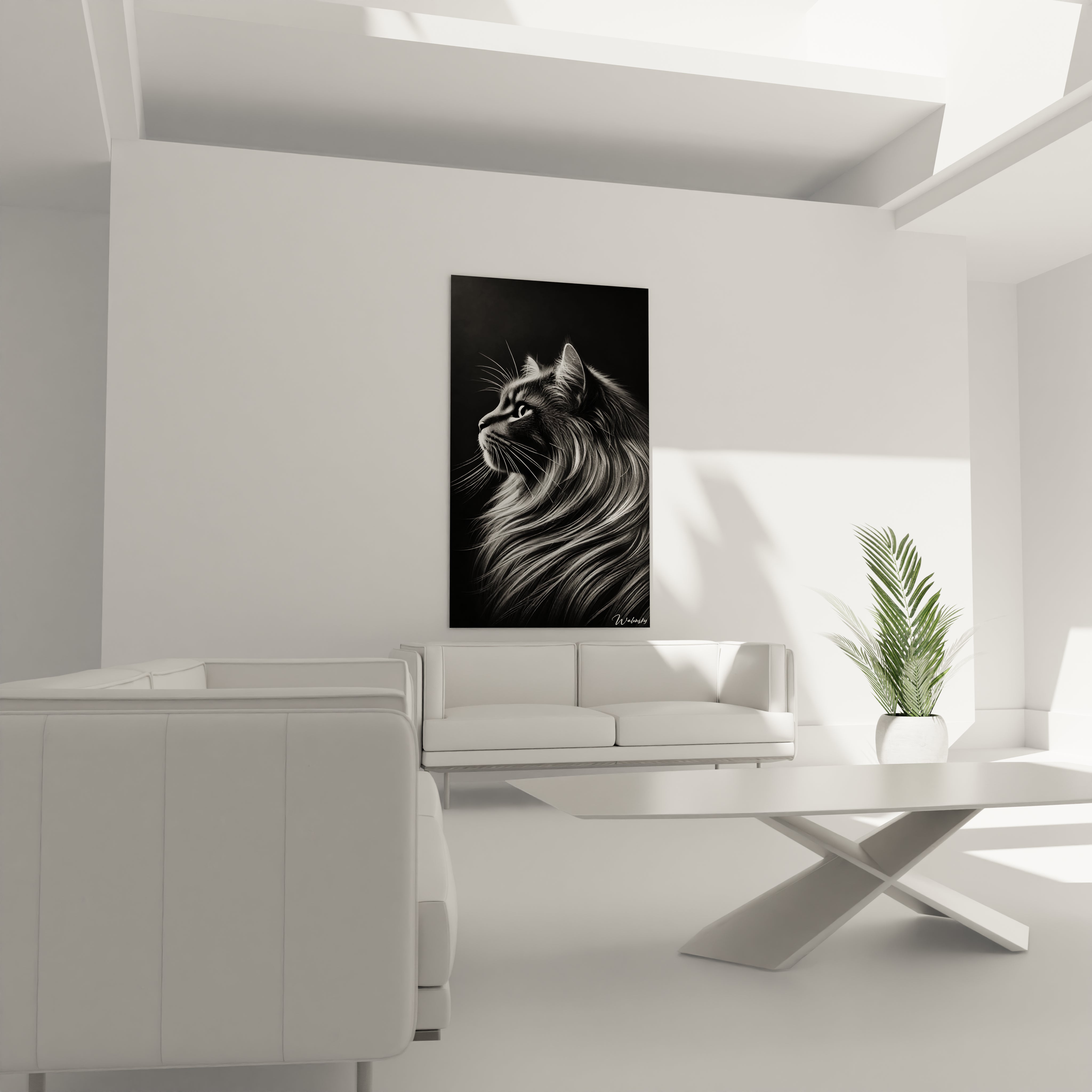 Sublimez votre salon avec ce tableau chat accroché au-dessus du canapé. La texture soyeuse de la fourrure et les contrastes profonds apportent une atmosphère raffinée et moderne à votre espace de vie.

