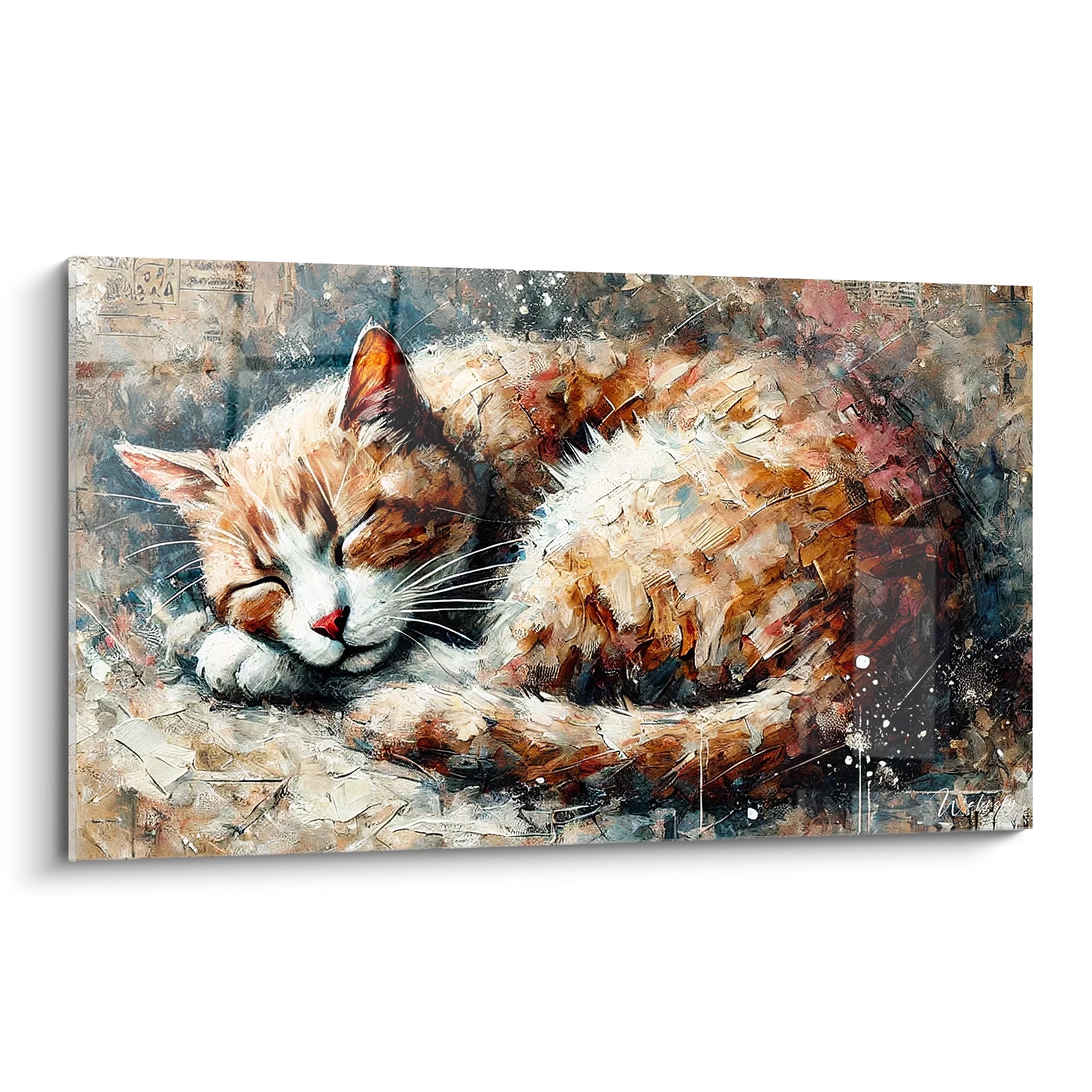 Découvrez ce tableau chat, un chat roux et blanc paisiblement endormi. Les couches texturées et les couleurs terreuses apportent une profondeur apaisante à cette œuvre abstraite. Idéal pour tout espace intérieur.