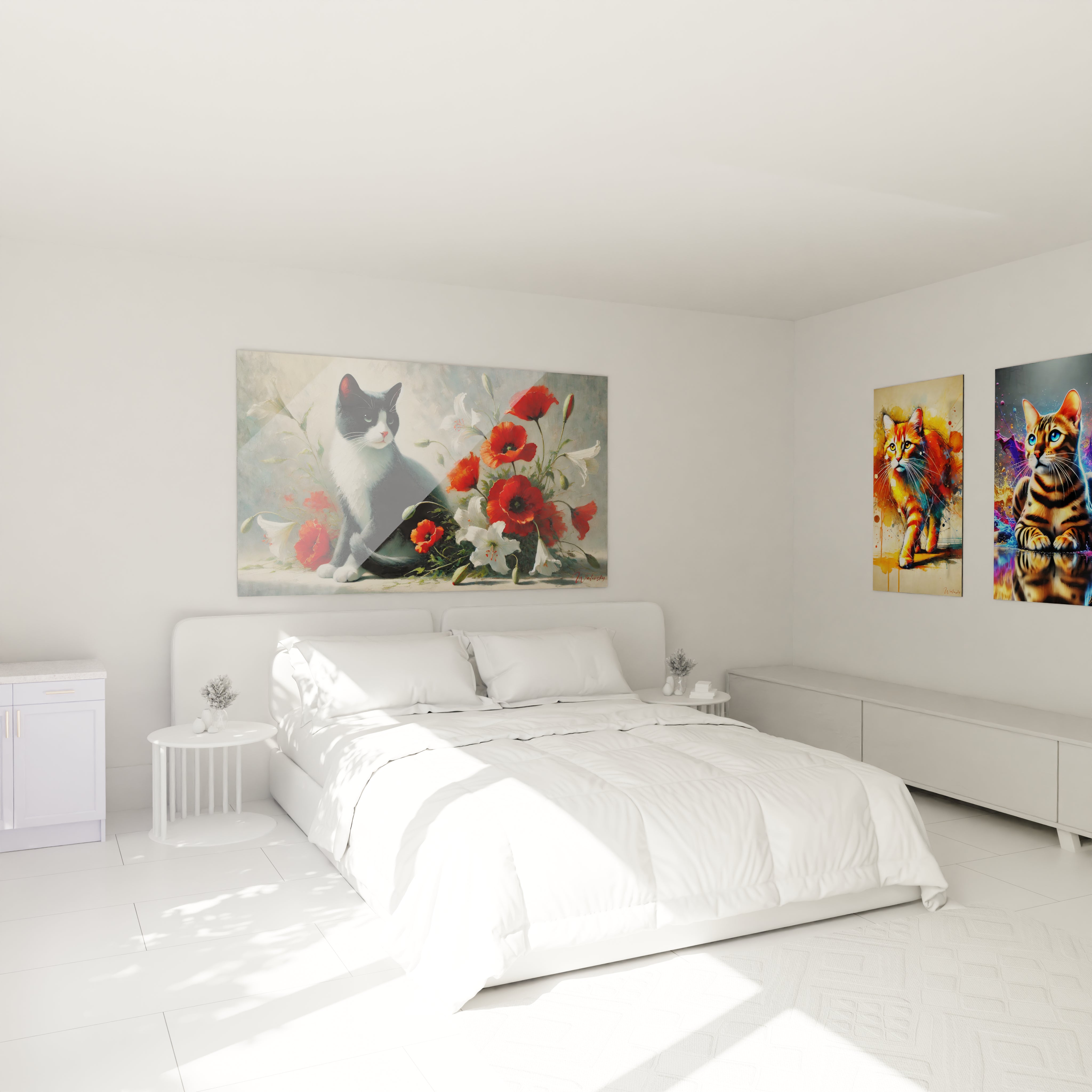 Apportez une touche d'élégance avec ce tableau chat dans votre chambre. Accroché au-dessus du lit, il crée une ambiance calme et sophistiquée grâce à ses coquelicots rouges et son félin paisible.