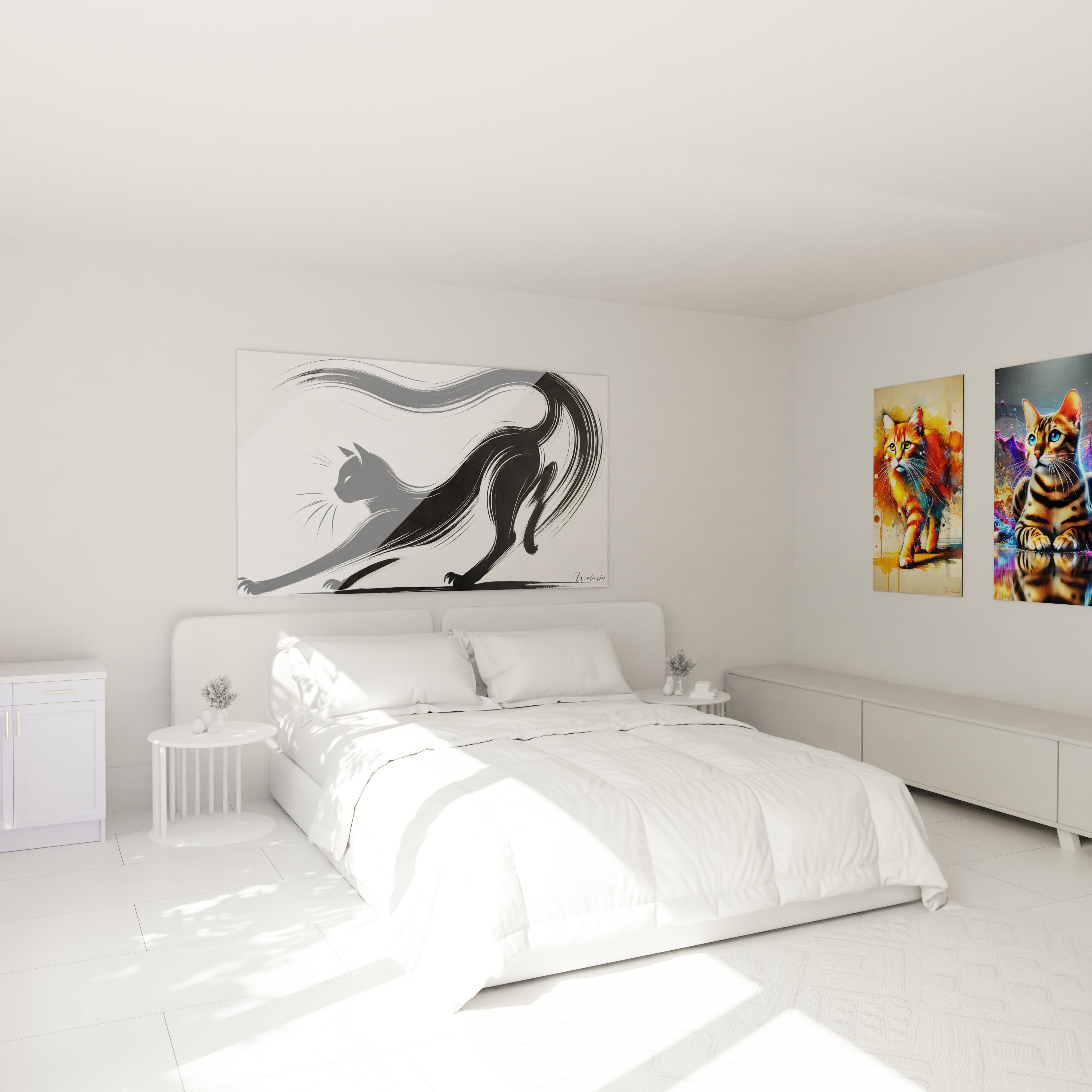 Accroché au mur de la chambre, ce tableau chat minimaliste apporte une ambiance zen et raffinée. Idéal pour un décor moderne, il capte l'œil tout en douceur avec sa silhouette épurée.