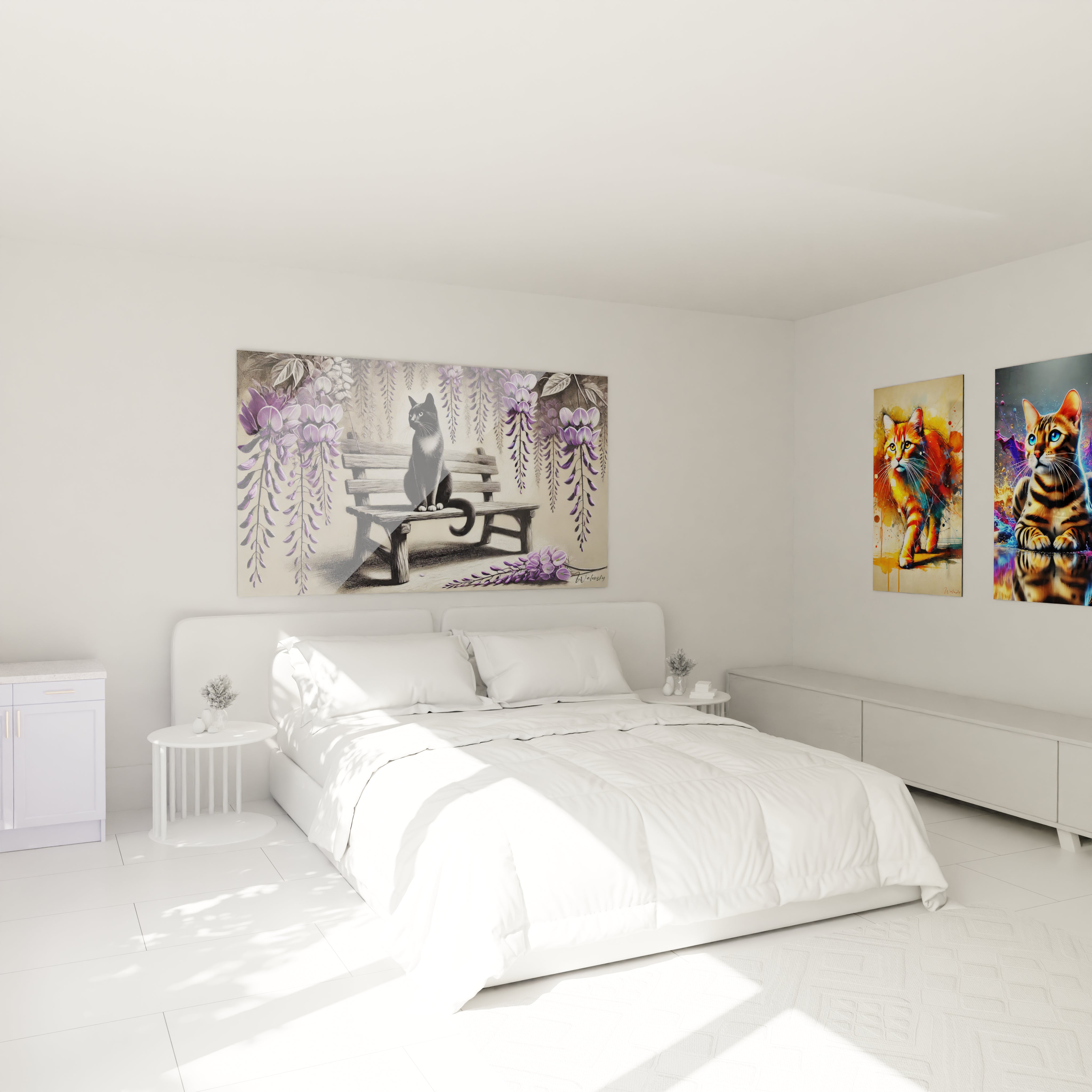 Le tableau chat, avec son chat noir et blanc parmi des glycines violettes, apporte une ambiance douce et poetique a cette chambre, parfait pour une touche artistique reposante.