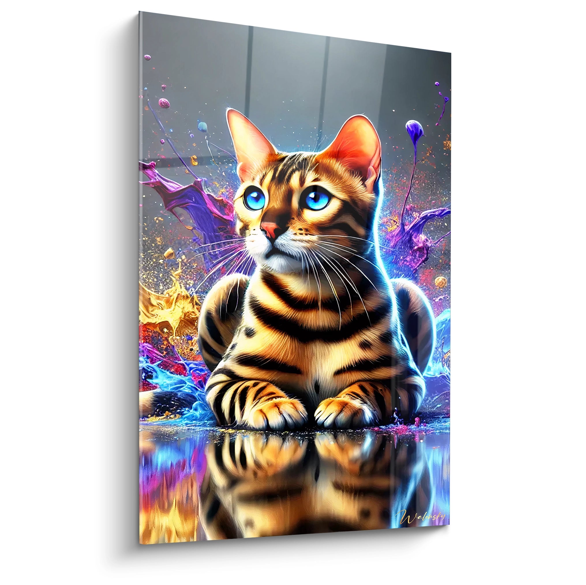 Découvrez ce tableau chat vue de biais, avec son arrière-plan dynamique et coloré. Ce félin détaillé aux yeux perçants crée une atmosphère captivante et moderne, parfait pour tout espace.

