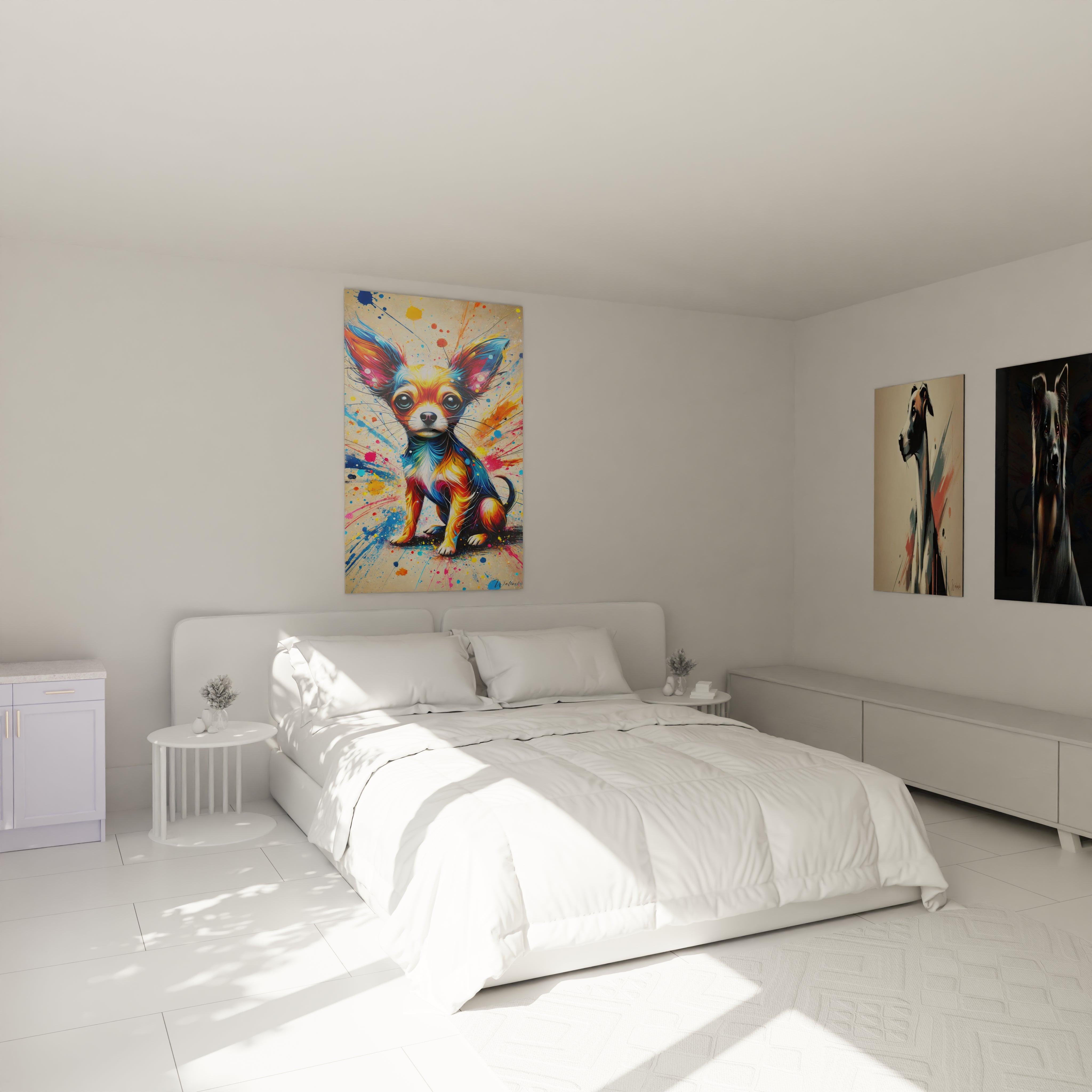 Le tableau chien aux couleurs éclatantes illumine cette chambre moderne. Accroche au mur au dessus du lit, il apporte dynamisme et énergie positive a l'espace grâce a son design abstrait.

