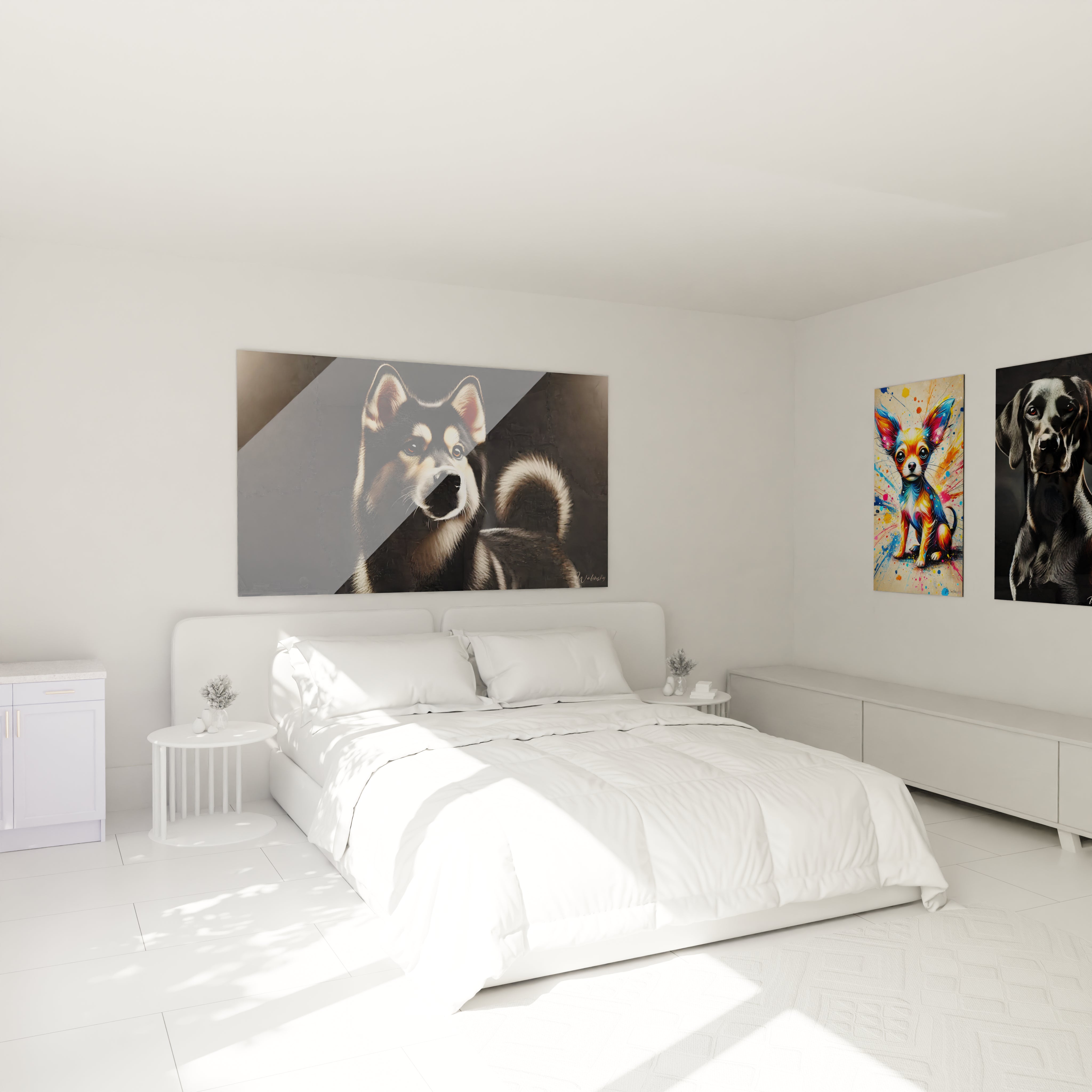 Decouvrez ce tableau chien nordique hyperrealiste au-dessus du lit dans une chambre moderne. Ce tableau mural apporte une touche d elegance a l espace et rehausse l ambiance minimaliste.

