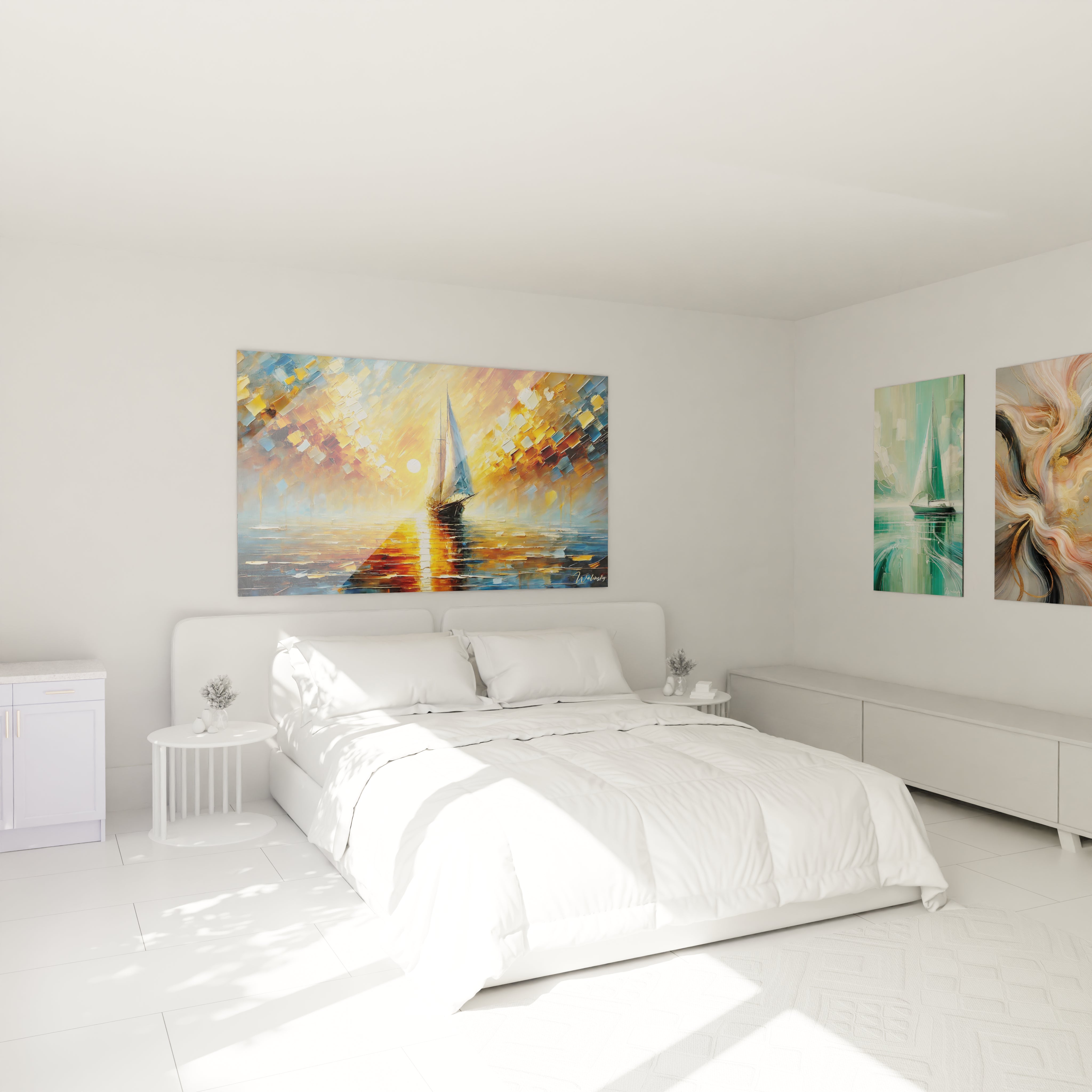 Sublimez votre chambre avec ce tableau voilier, accroché au-dessus du lit. Les couleurs dynamiques apportent une touche de sérénité et d'aventure à votre espace. 🌊🛏️ #TableauChambre