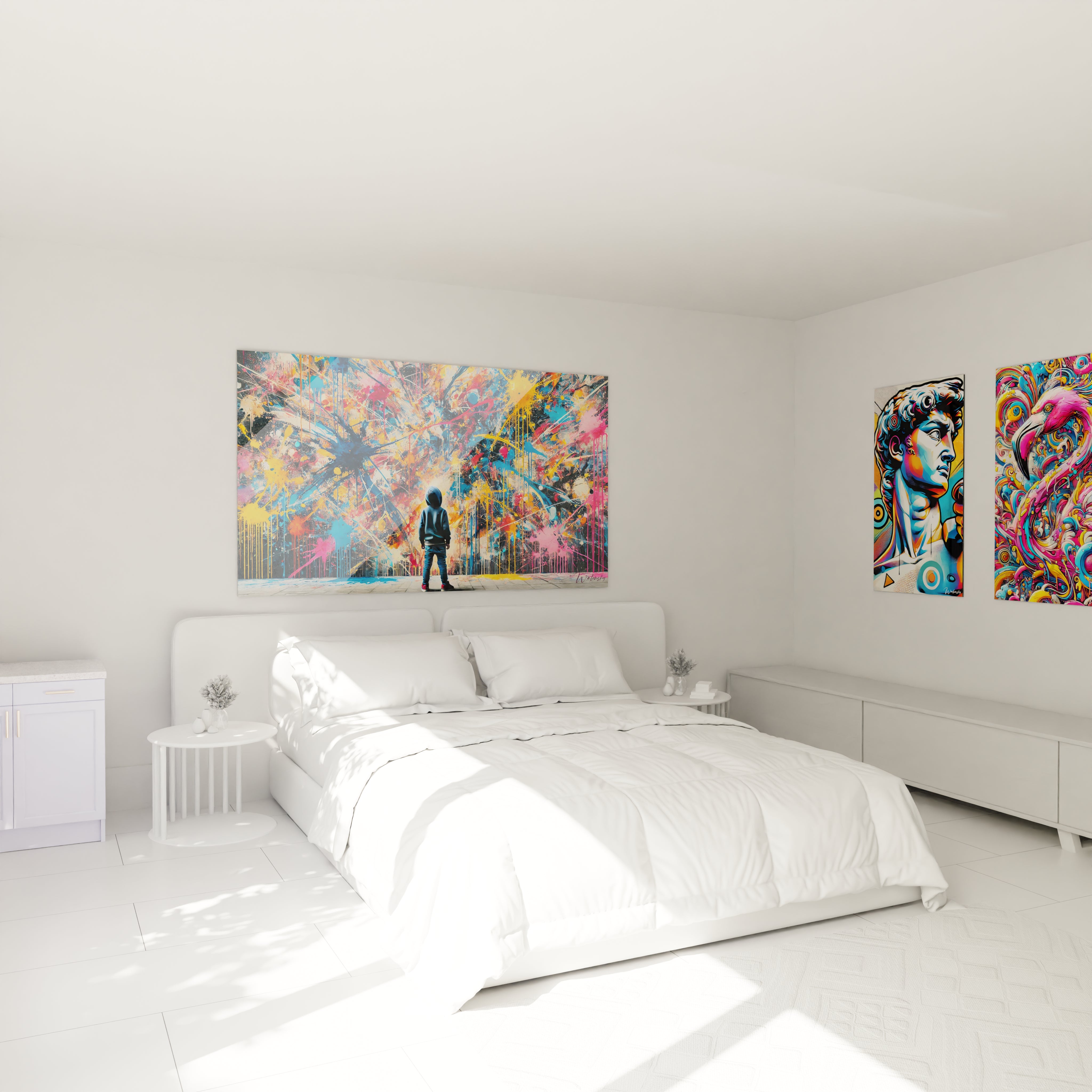 "Décoration chambre avec tableau dynamique. Un enfant face à une fresque multicolore, apportant une touche artistique et moderne à l'espace de sommeil. Parfait pour un intérieur vibrant."