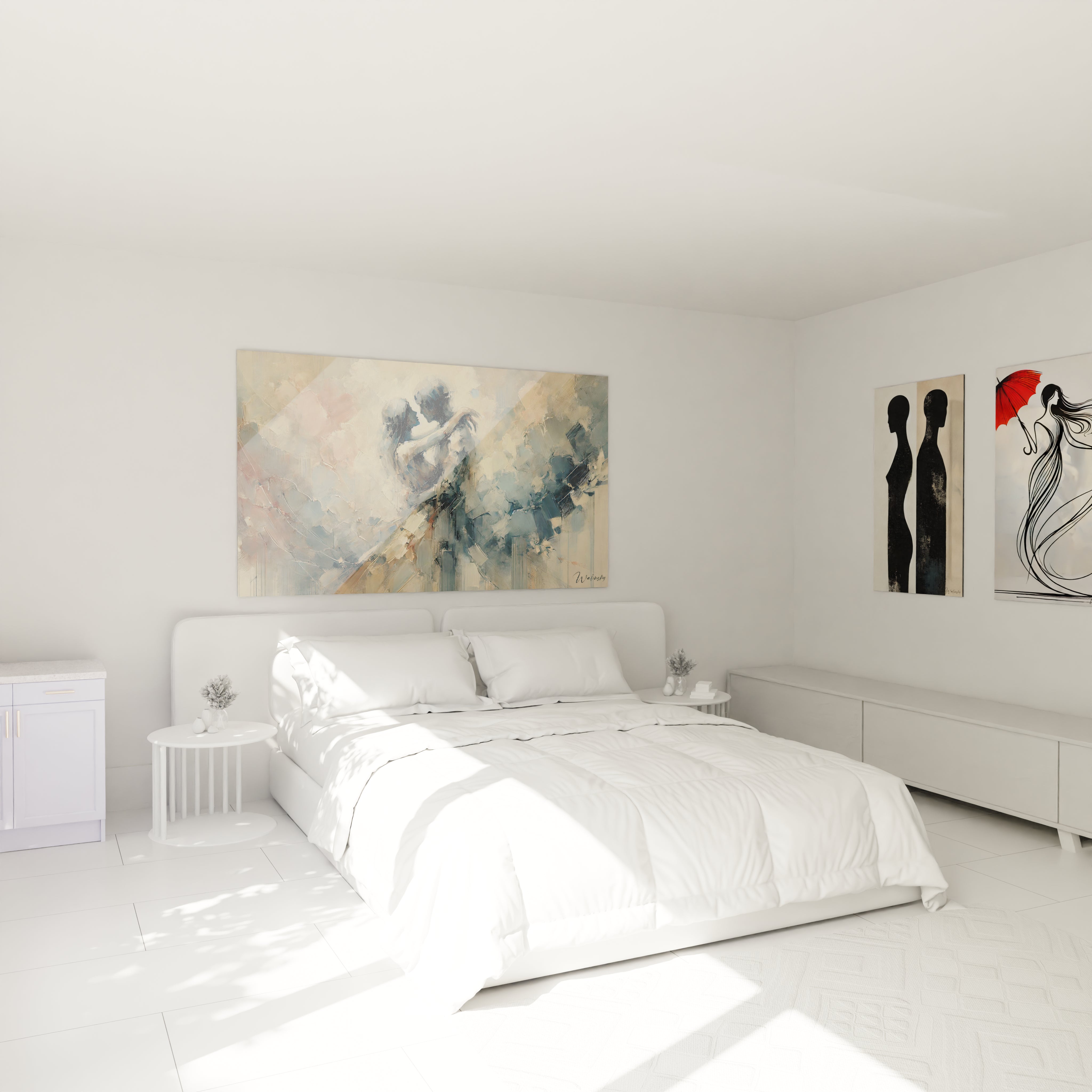 🛏️ Tableau couple romantique au-dessus du lit - Créez une atmosphère apaisante avec des nuances pastel et des formes délicatement esquissées. Éveillez l'émotion dans votre chambre.
