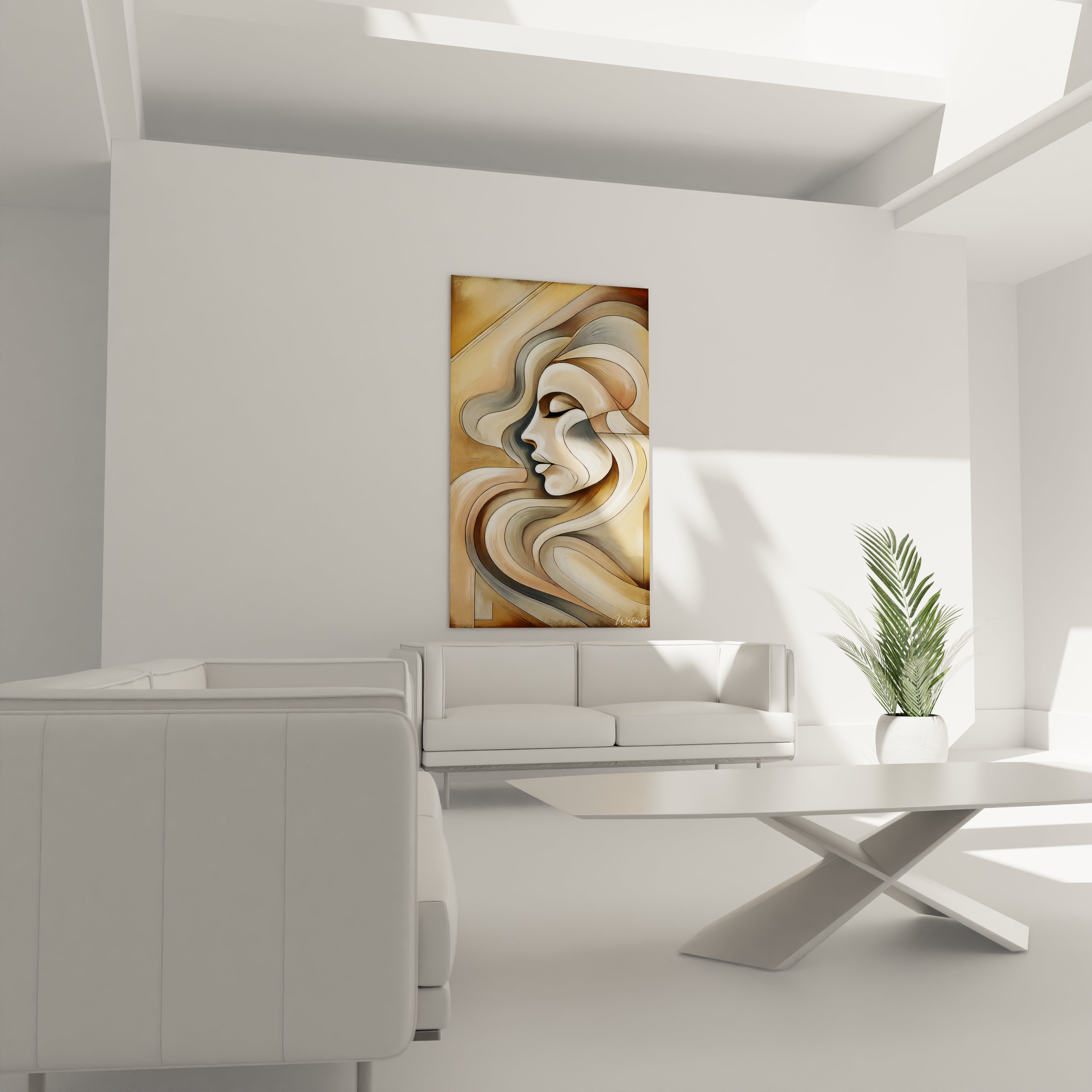 "Tableau 'Élégance Courbée' sublimant le salon. Son style cubiste et ses nuances de beige et gris rehaussent l'élégance de l'espace au-dessus du canapé."