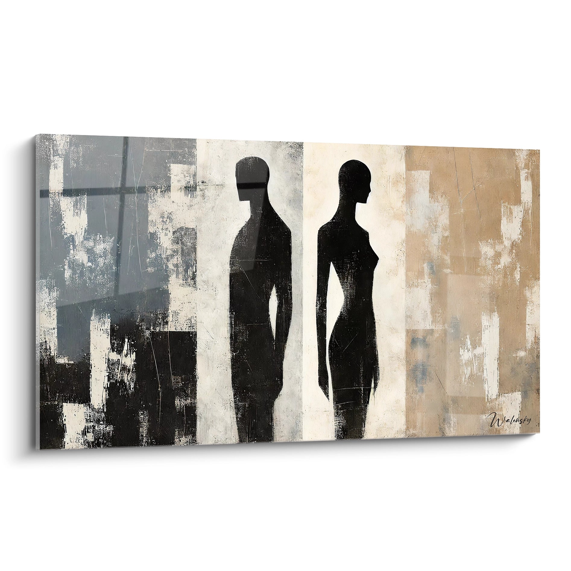 Tableau minimaliste abstrait avec deux silhouettes humaines, masculine et féminine, séparées par une ligne verticale. Couleurs neutres et textures granuleuses pour un style élégant.