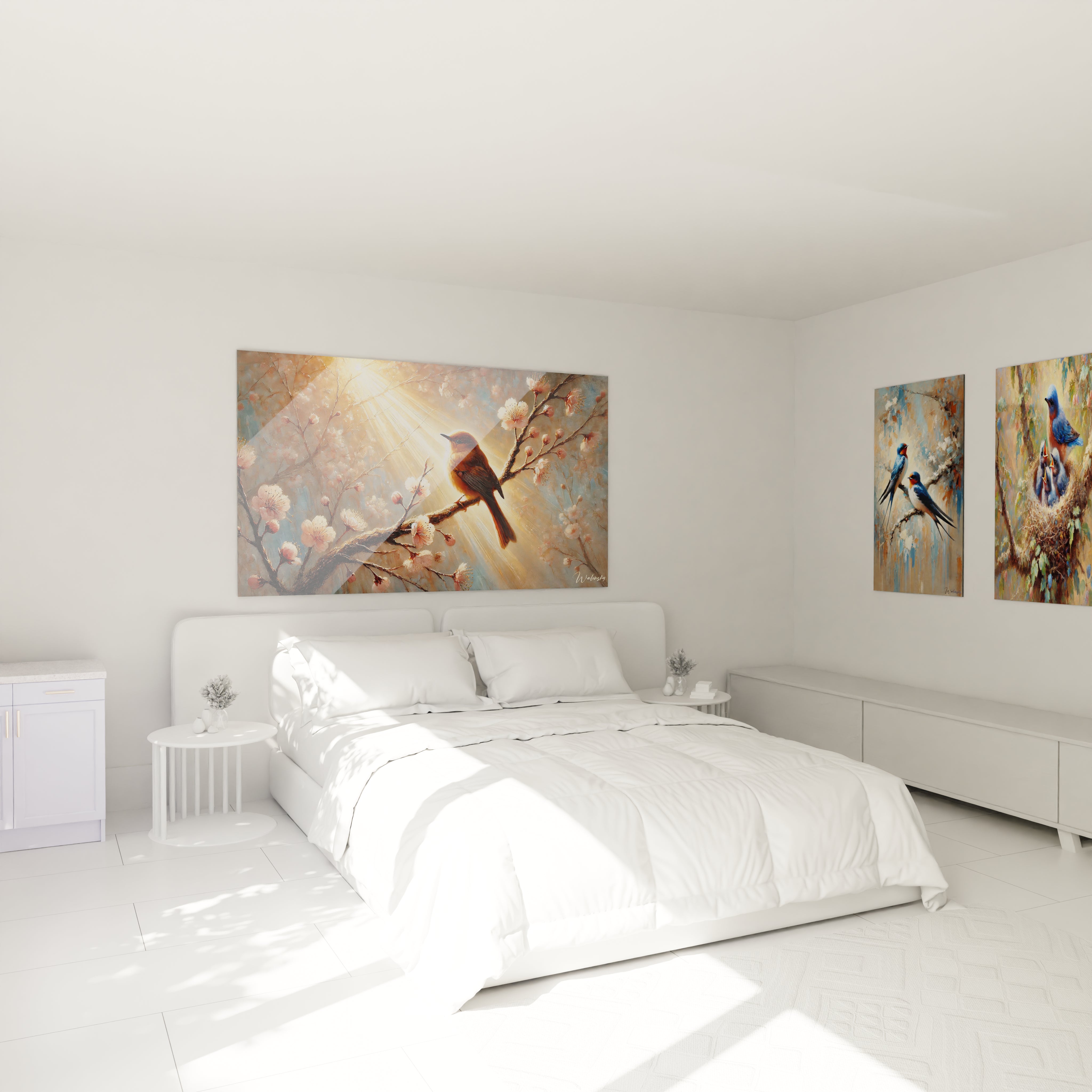 Apportez une touche de nature à votre chambre avec ce tableau oiseaux. Suspendu au-dessus du lit, il crée une ambiance apaisante, grâce à sa lumière dorée et ses fleurs de cerisier en pleine floraison.