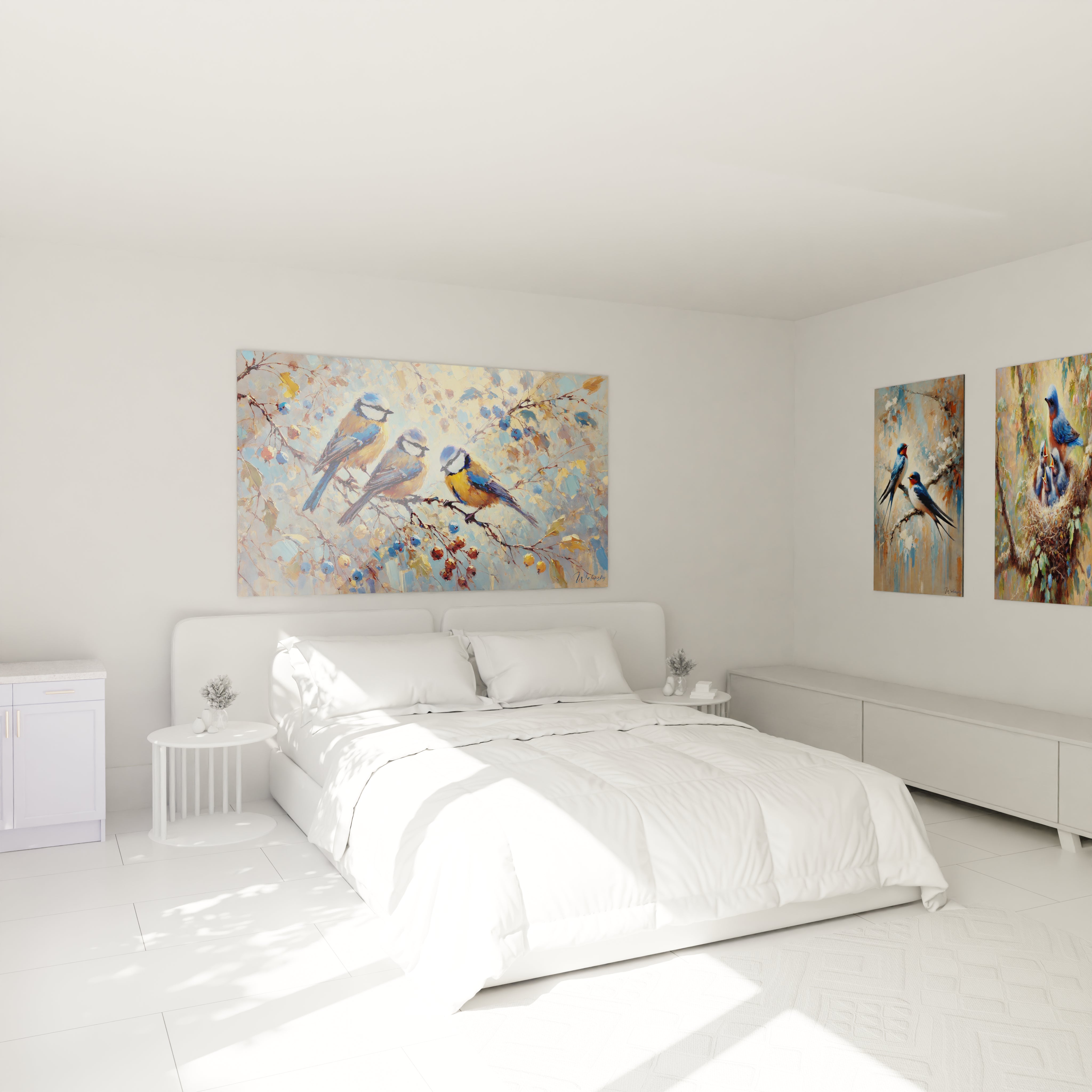 Sublimez votre chambre avec ce tableau oiseaux représentant trois mésanges. Accroché au-dessus du lit, il apporte une touche naturelle et colorée, idéale pour créer une atmosphère reposante.