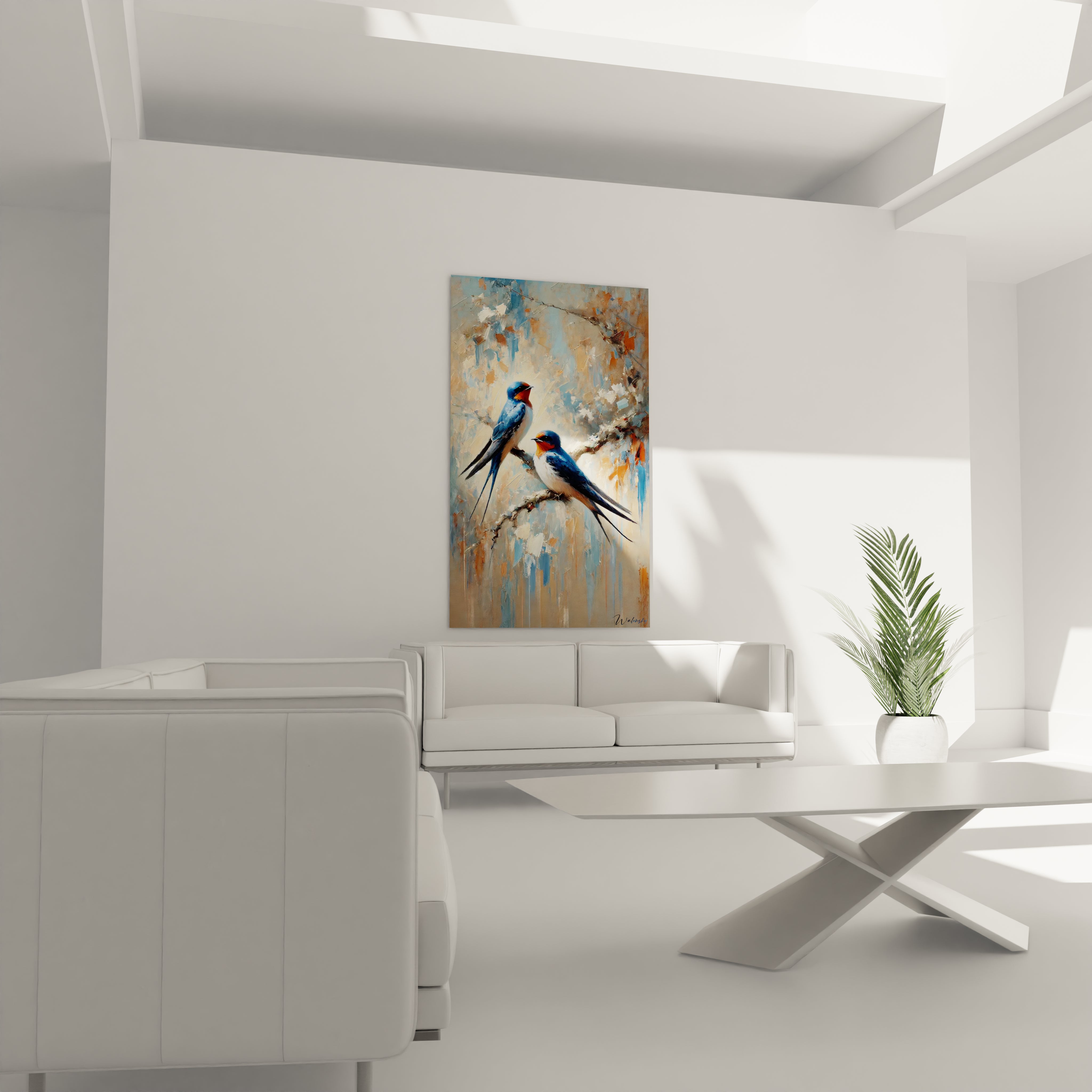 Ce tableau oiseaux installé au-dessus du canapé devient le point focal de votre salon. Sa composition délicate et ses teintes naturelles ajoutent une touche d'élégance à votre décor.
