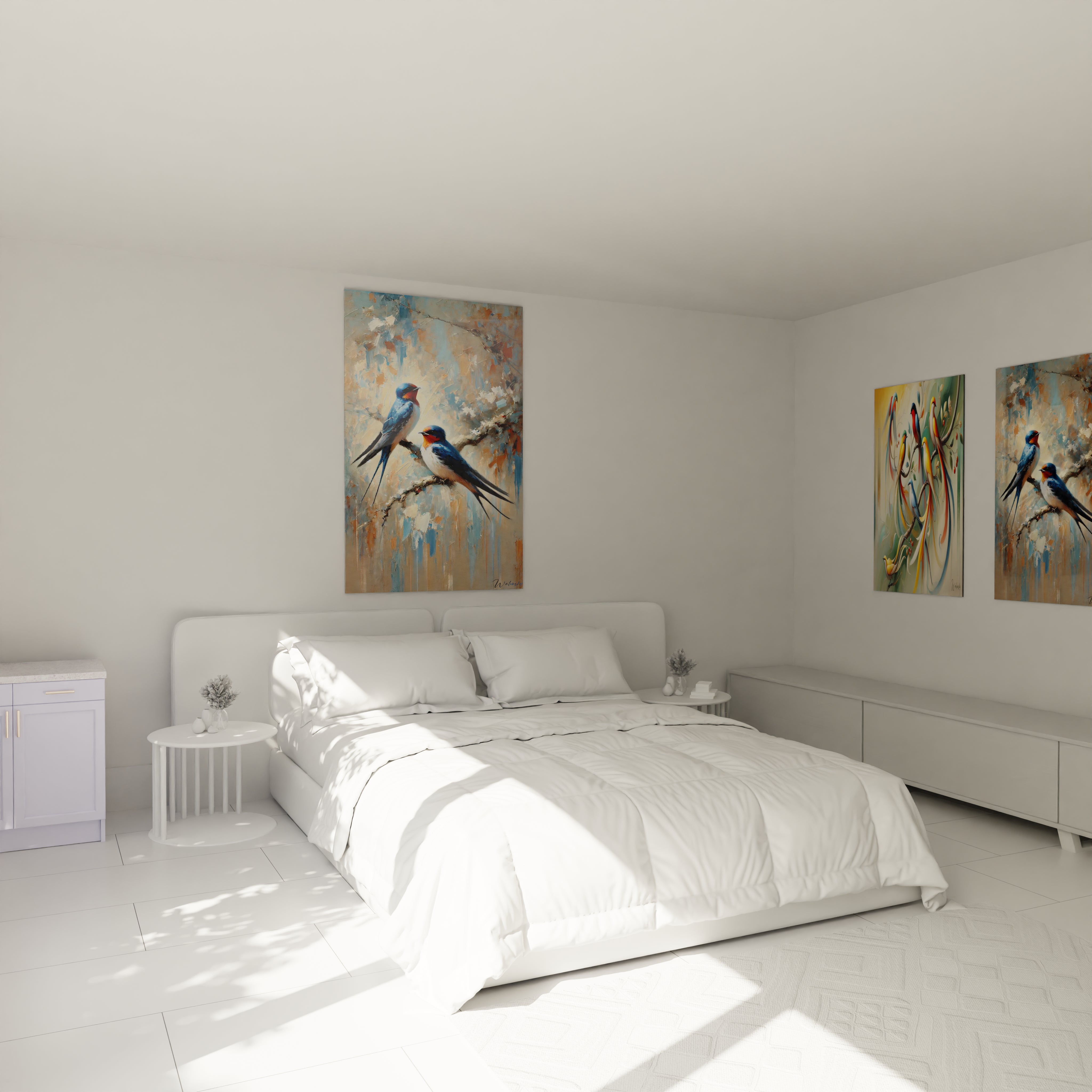 Transformez votre chambre avec ce tableau oiseaux accroché au-dessus du lit. Ses couleurs douces et son style élégant apportent une sensation de calme et de sérénité à l'espace.