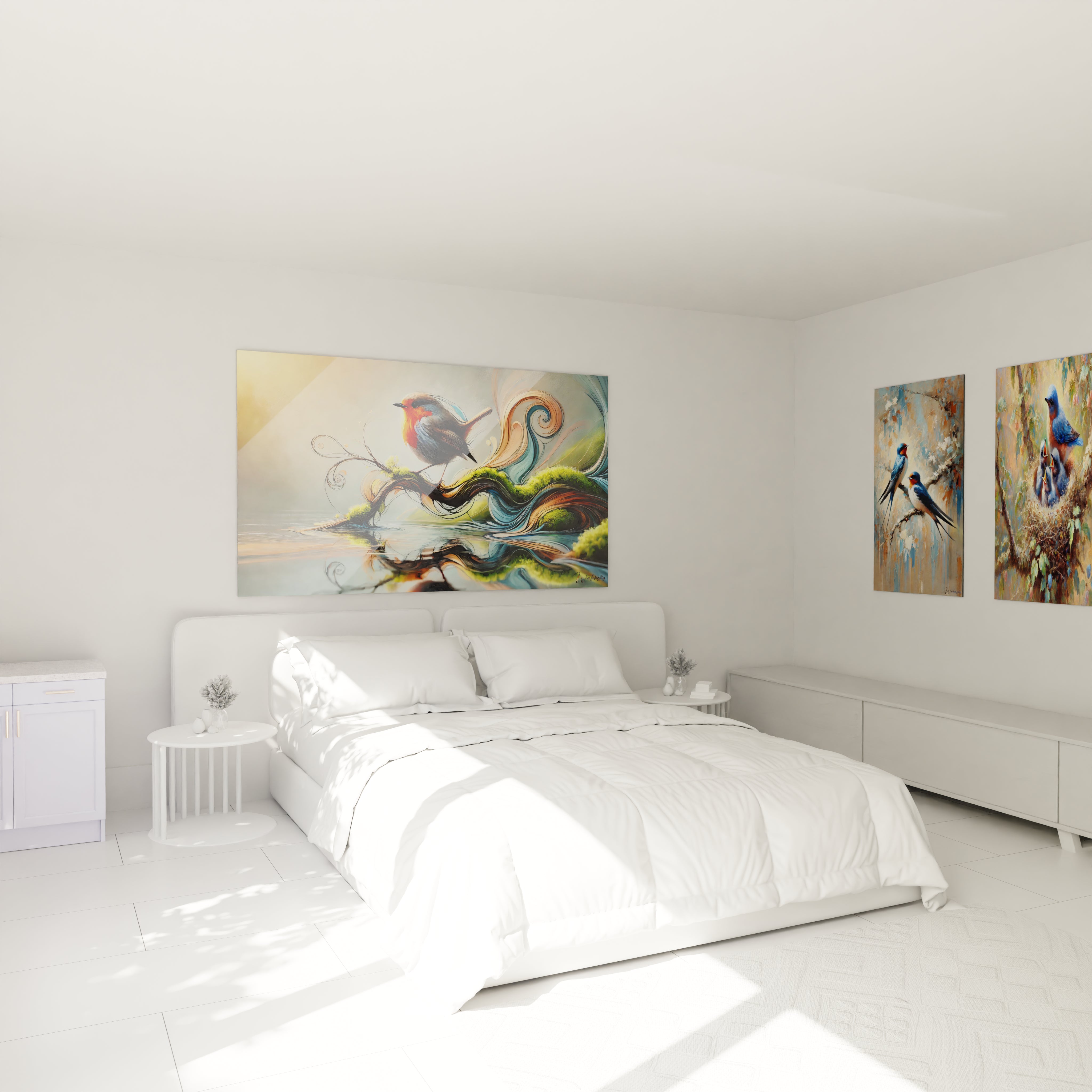 Ce tableau oiseaux, accroché au-dessus du lit, ajoute une touche vibrante à la chambre. Son oiseau au plumage orange et gris, entouré de courbes artistiques, crée une atmosphère sereine et onirique.

