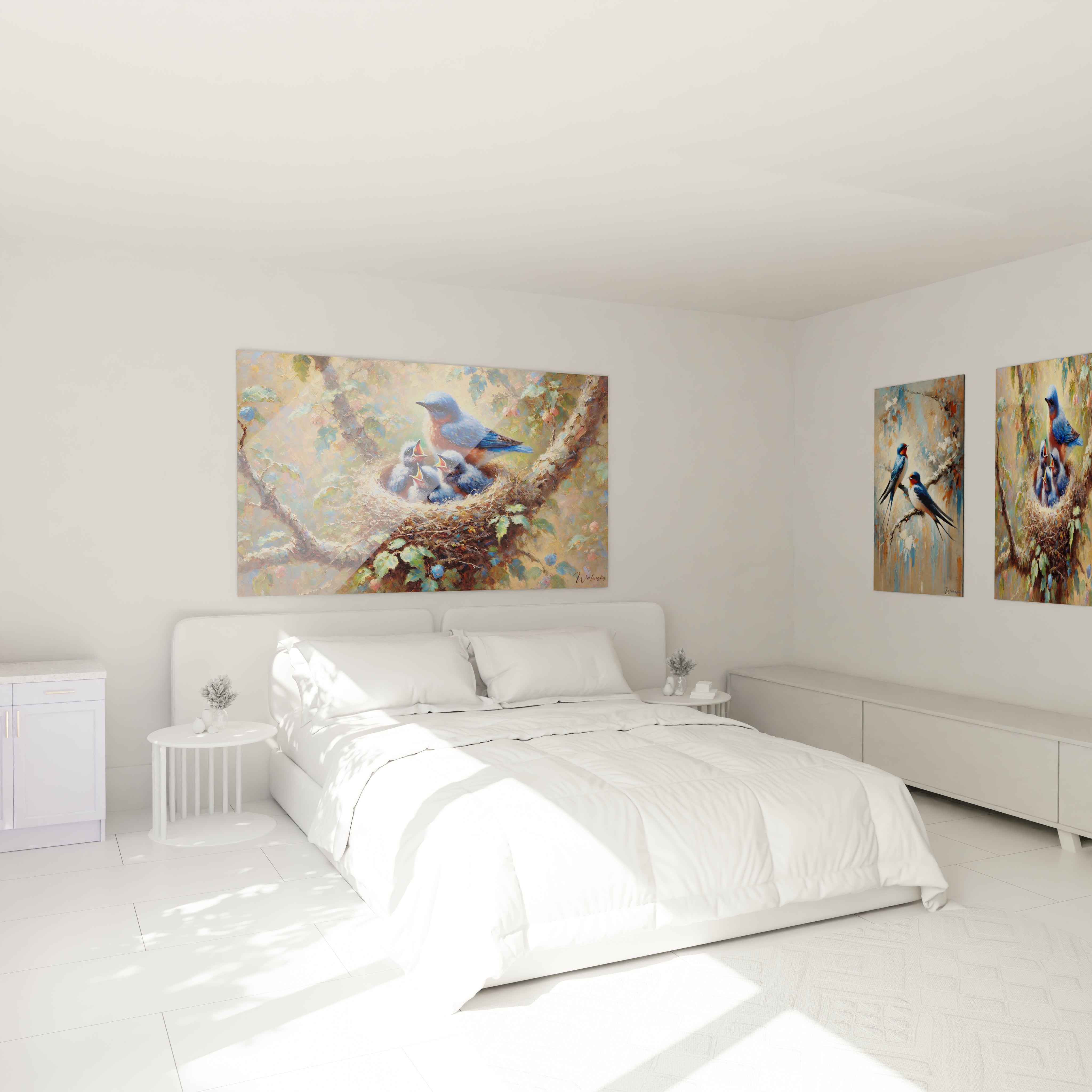 Ce tableau oiseaux, accroché au-dessus du lit, apporte calme et harmonie à votre chambre. Idéal pour une décoration apaisante inspirée de la nature et des liens familiaux.
