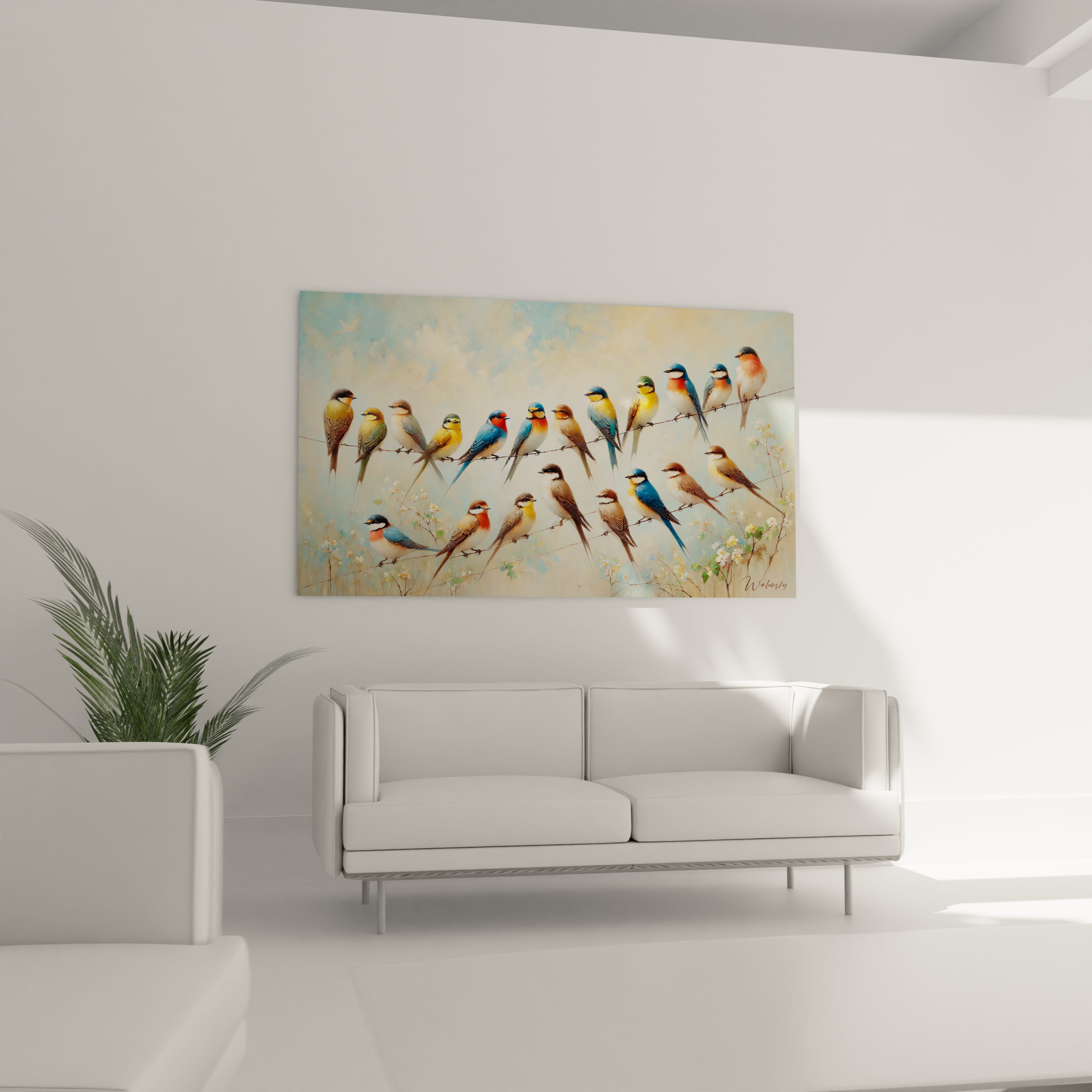 Ce tableau oiseaux installé au-dessus du canapé illumine le salon avec ses couleurs vibrantes et son design apaisant. Une œuvre idéale pour une décoration moderne et inspirante.