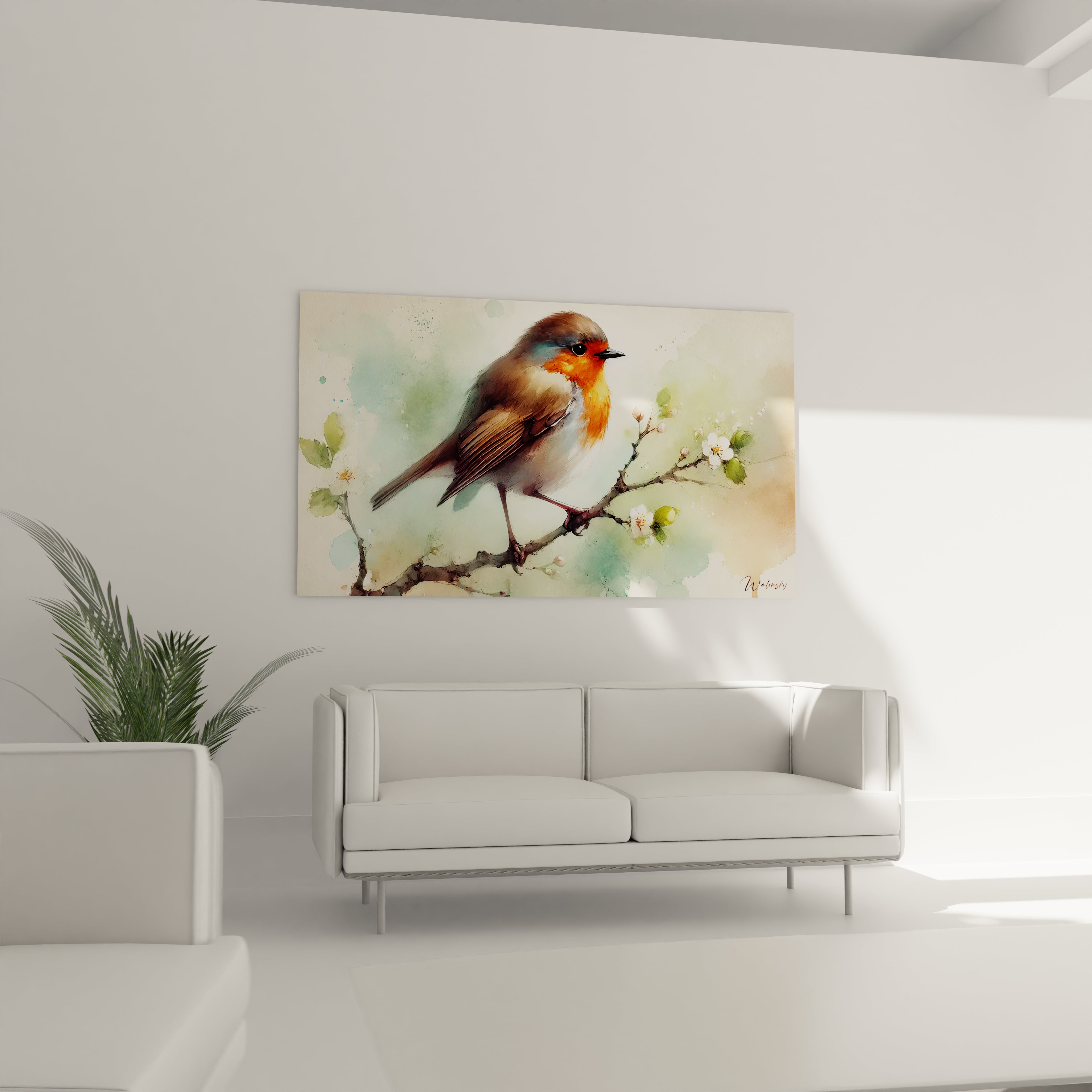 Placé au-dessus du canapé, ce tableau oiseaux rehausse la déco du salon avec son style raffiné. Ses nuances délicates et son thème naturel invitent à une atmosphère de calme et d'élégance.

