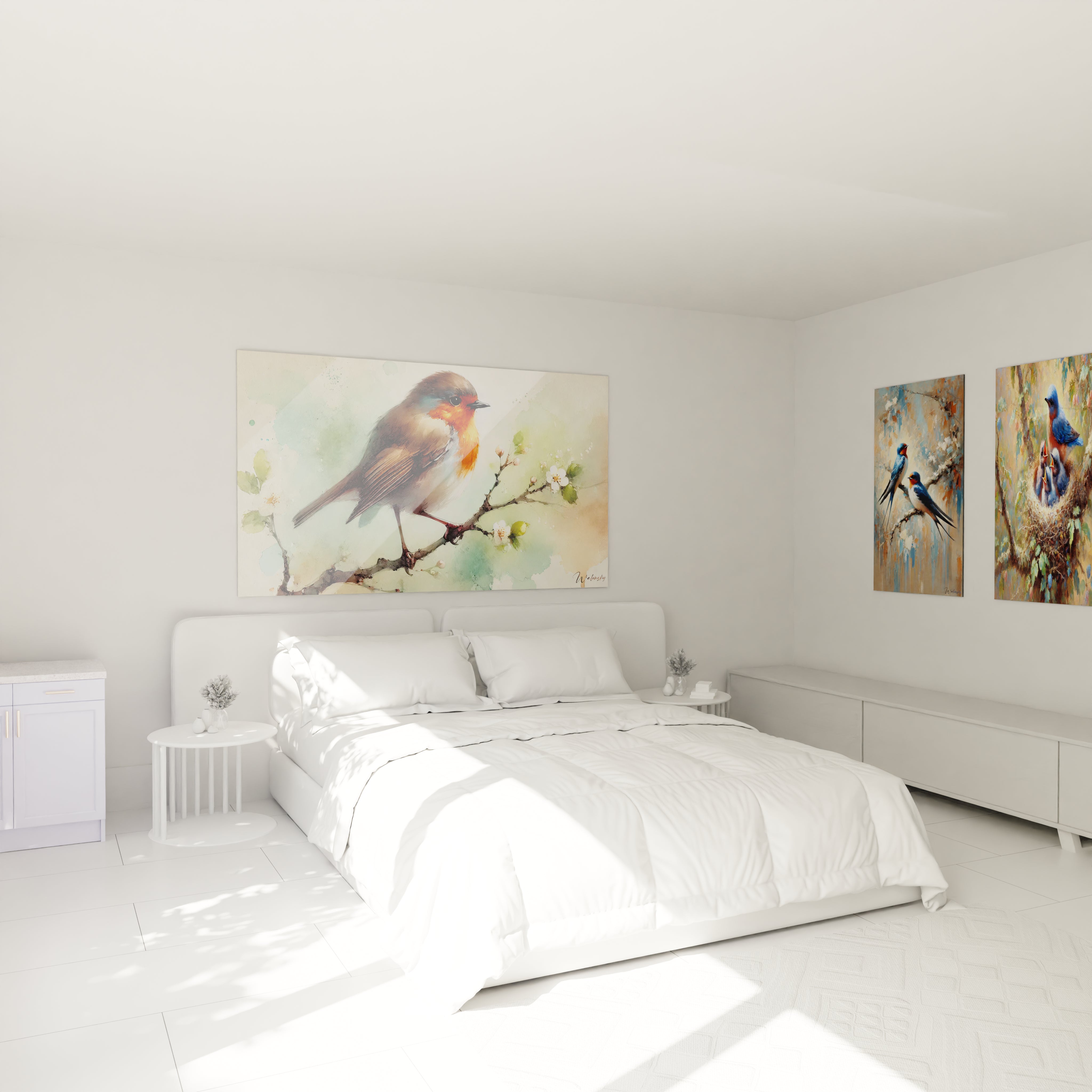 Accroché au-dessus du lit, ce tableau oiseaux apporte sérénité et douceur à votre chambre. Ses couleurs pastel et son style aquarelle créent une ambiance apaisante idéale pour la détente.

