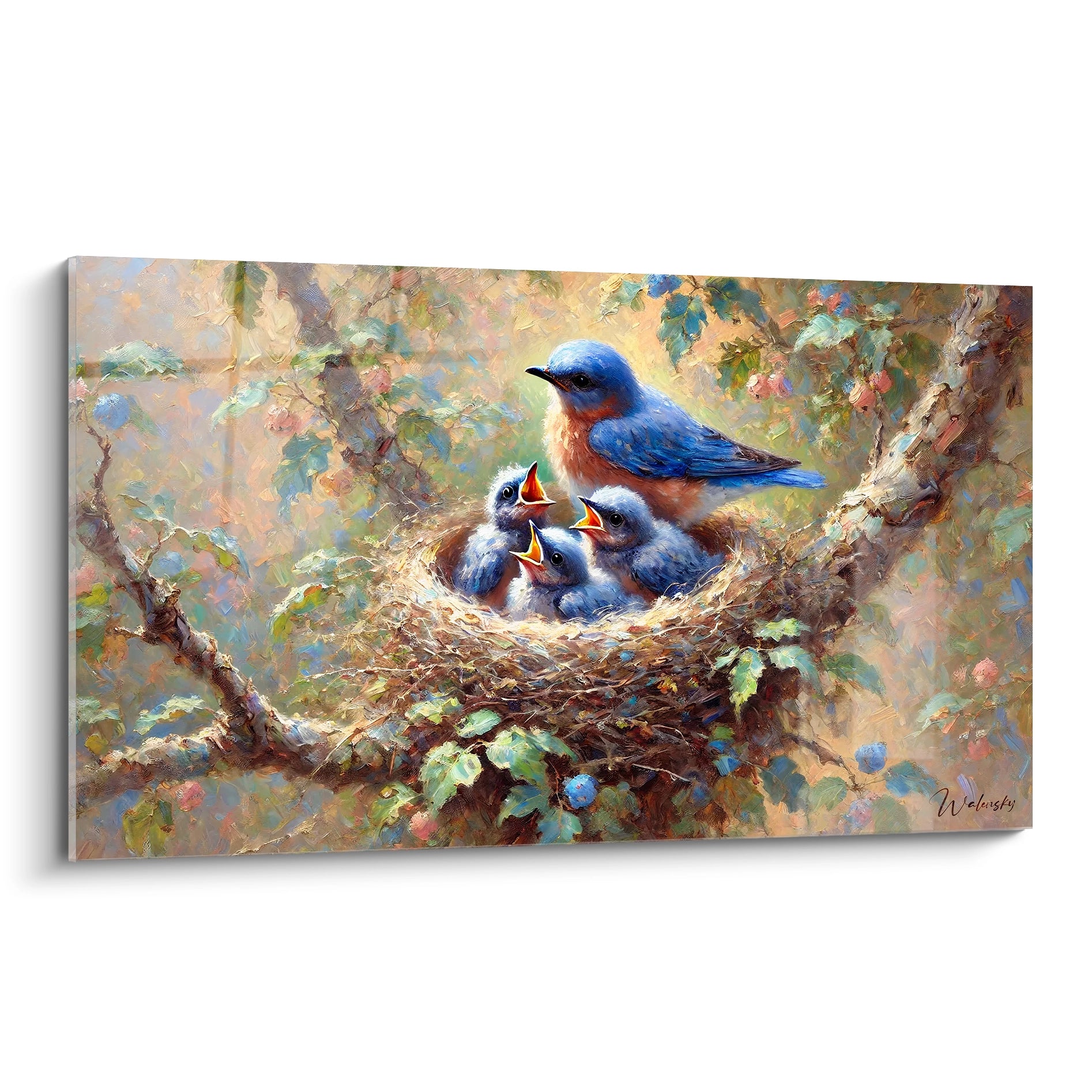 Admirez ce tableau oiseaux vu de biais, où une mère veille sur ses petits dans un nid luxuriant. Parfait pour les amoureux de la nature et des scènes de tendresse.