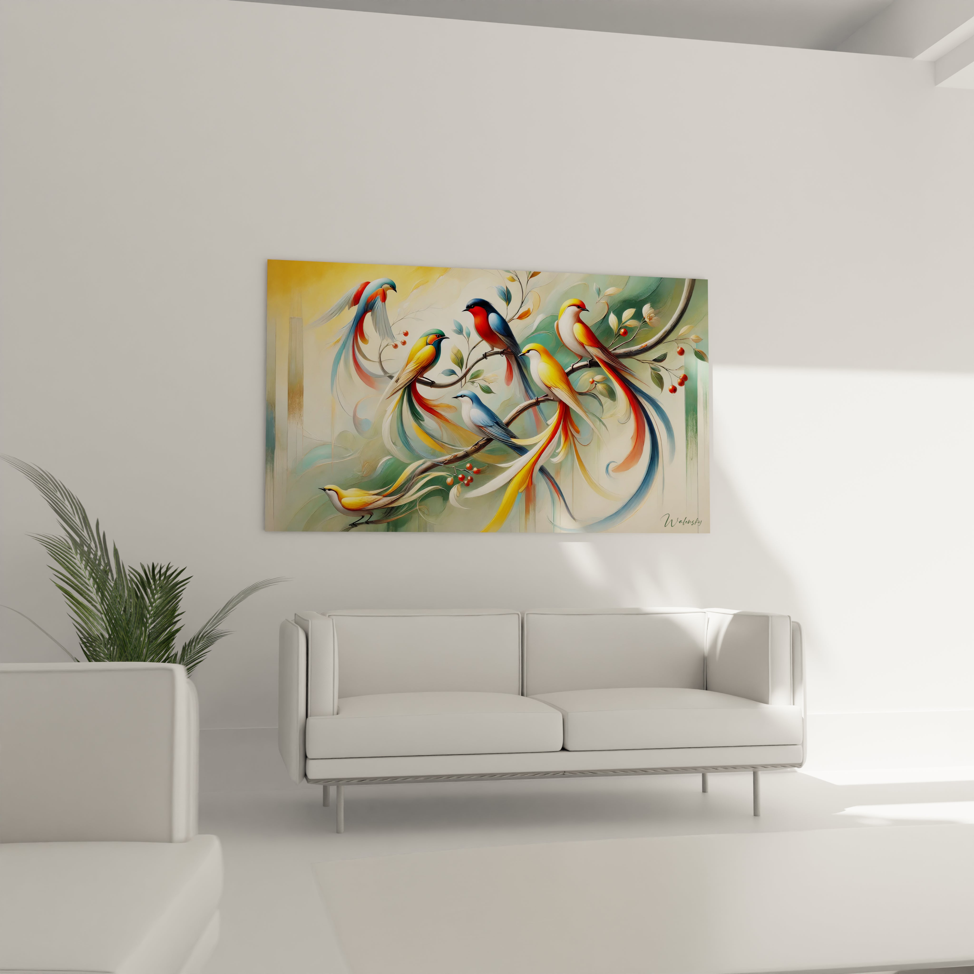 Accroché au-dessus du canapé, ce tableau oiseaux illumine le salon. Ses couleurs vives et son style artistique apportent une touche moderne et naturelle à votre décoration intérieure.