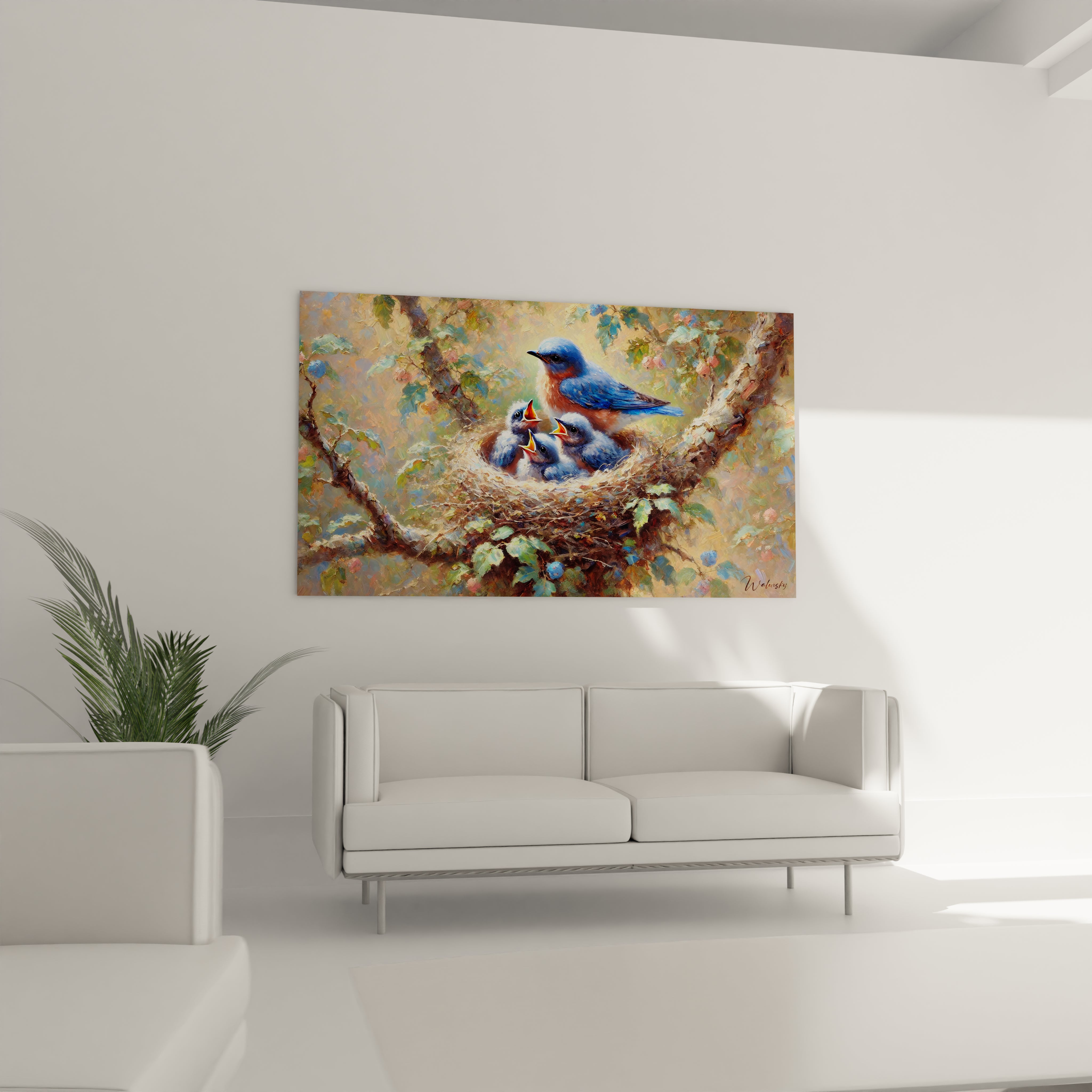Découvrez ce tableau oiseaux accroché au mur au-dessus d'un canapé. Un ajout parfait pour un salon, combinant élégance et la beauté sereine d'une scène familiale naturelle.