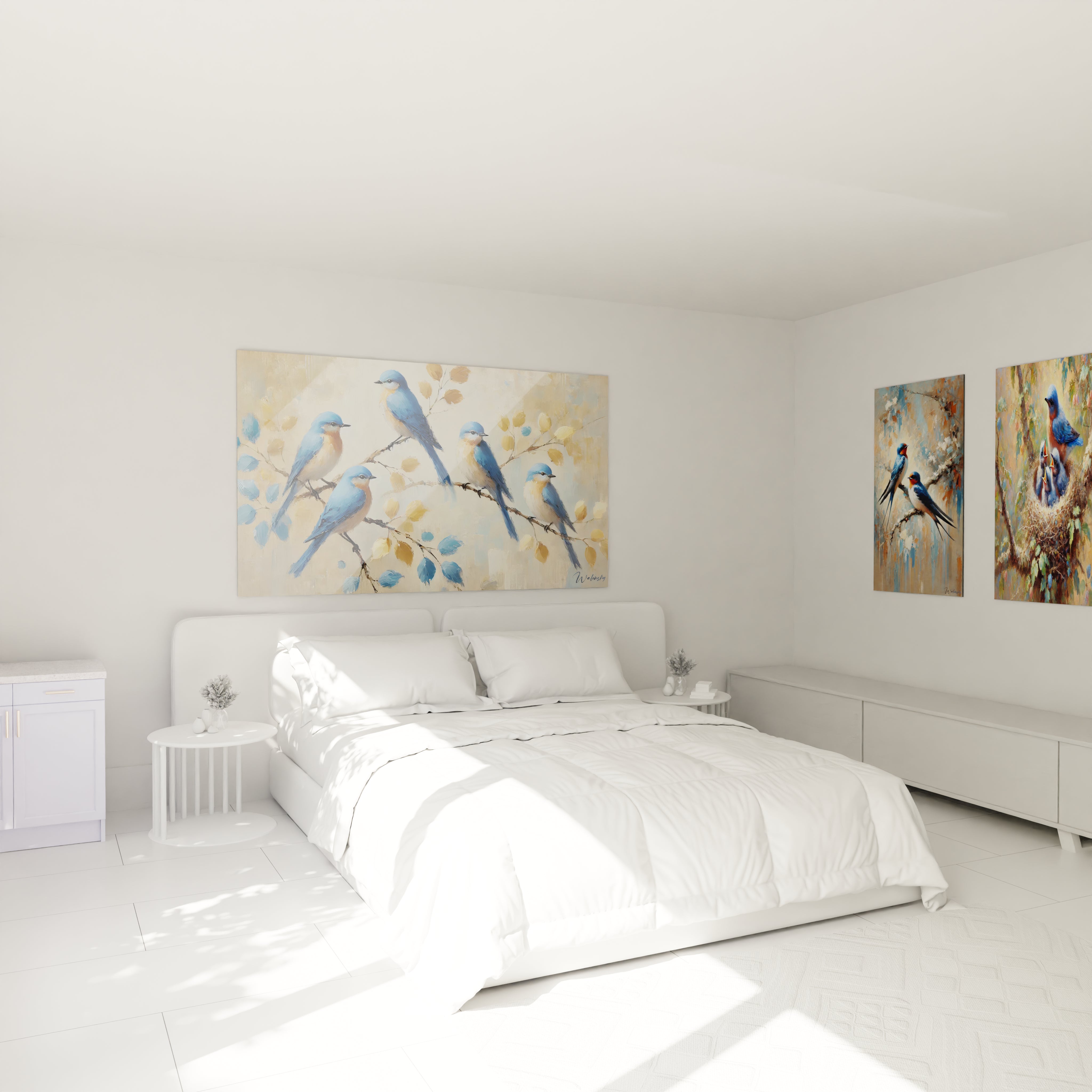 "Accroche au-dessus d'un lit, ce tableau oiseaux ajoute une touche de tranquillite. Les teintes douces et le contraste subtil des oiseaux creent une ambiance apaisante pour une decoration elegante."


