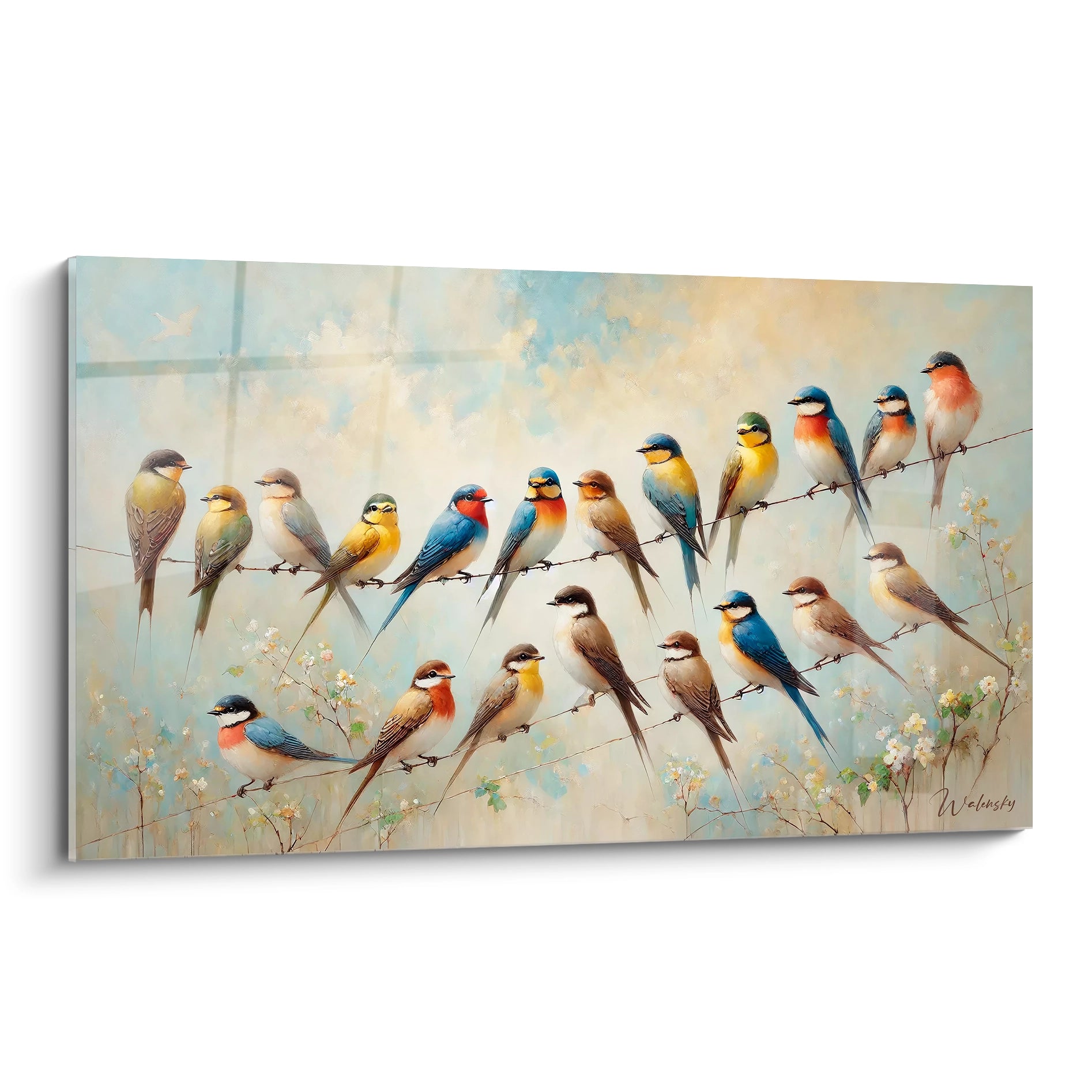 Ce tableau oiseaux présente une composition éclatante avec des teintes vives de jaune, bleu et orange. Vue de biais, cette scène naturelle capture parfaitement l’harmonie et le mouvement.