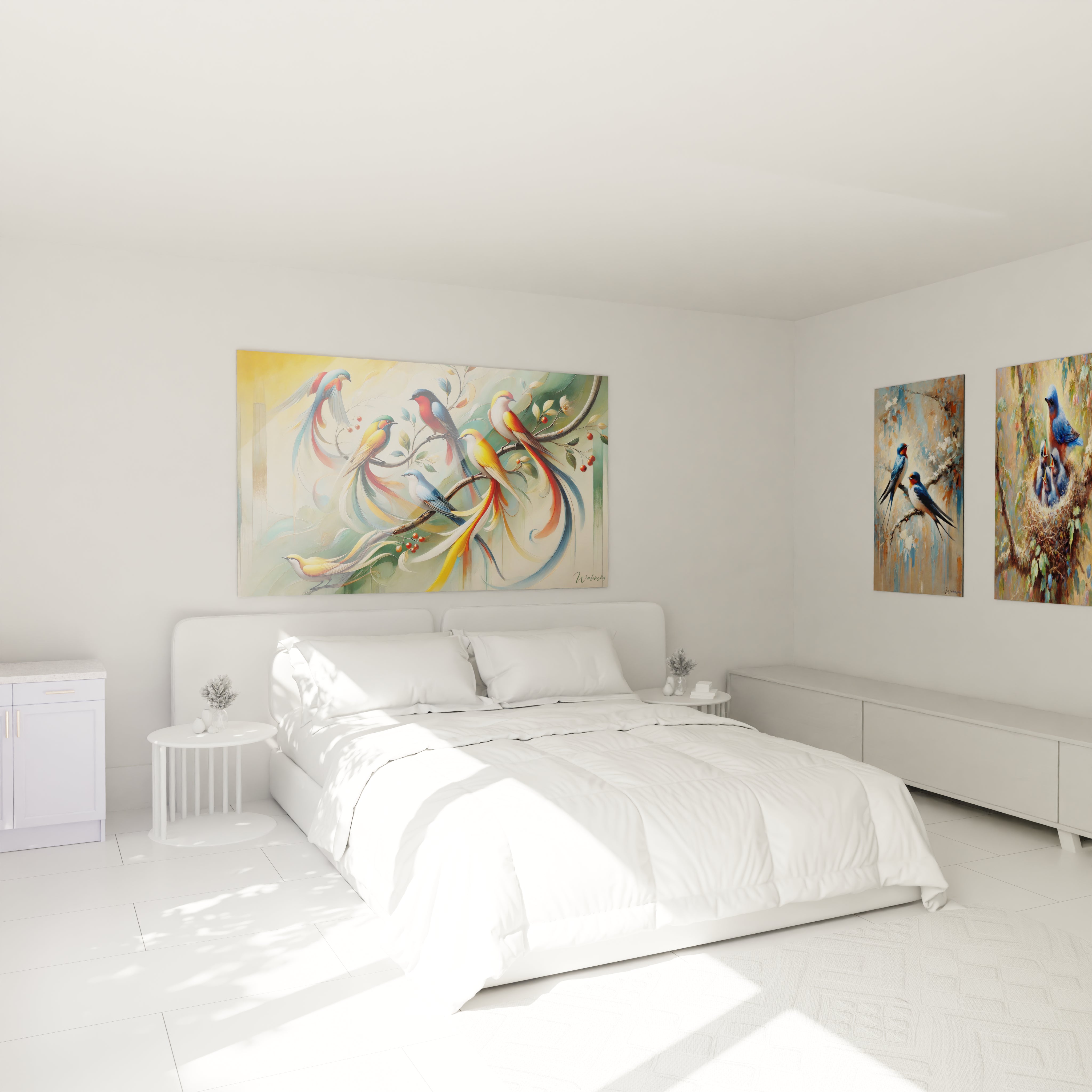 Ce tableau oiseaux sublime la chambre avec ses teintes colorées. Accroché au-dessus du lit, il évoque une ambiance naturelle et apaisante avec des oiseaux stylisés et élégants.