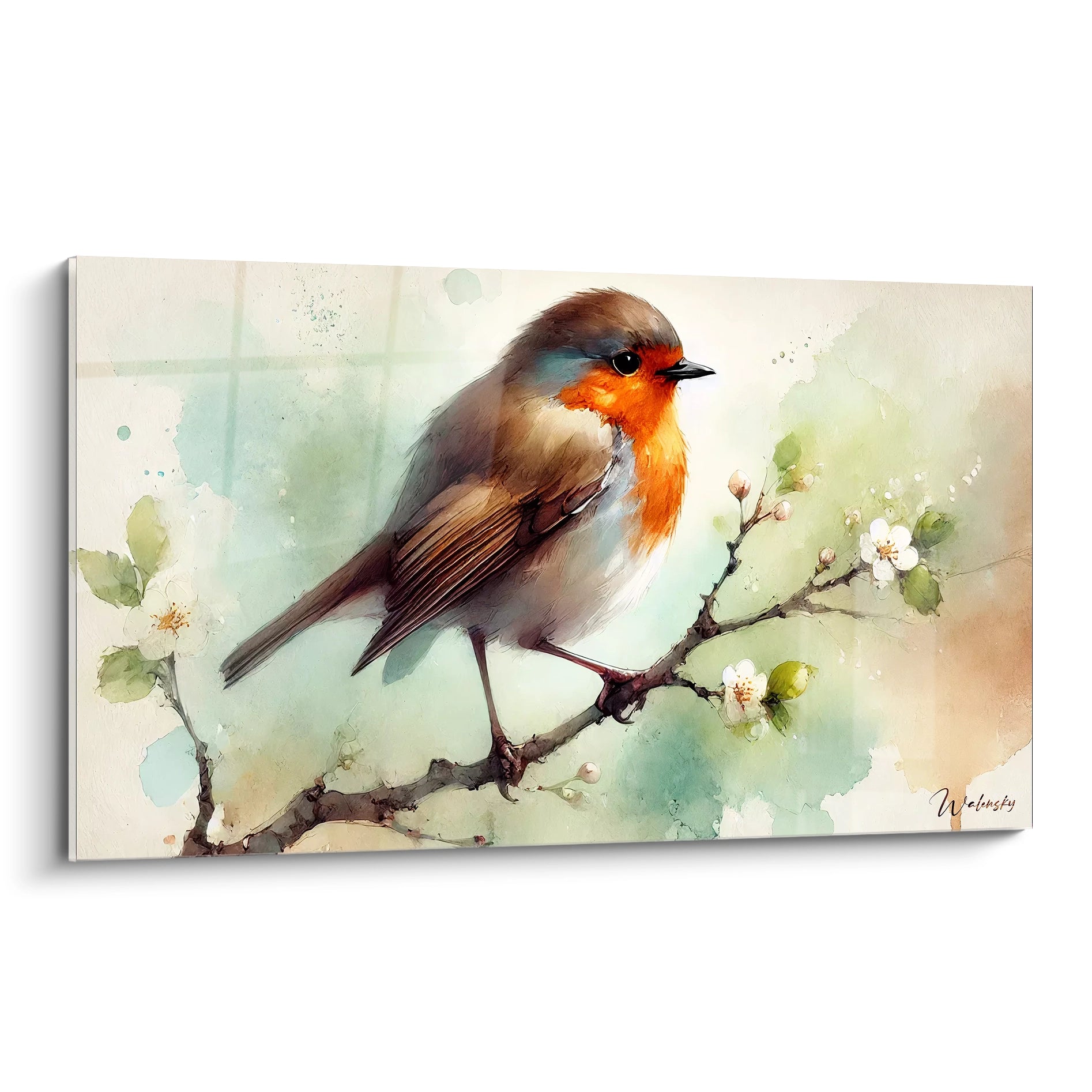 Ce tableau oiseaux vue de biais met en valeur les détails subtils de l'oiseau posé sur une branche fleurie. Parfait pour créer une ambiance apaisante et naturelle avec une touche artistique.