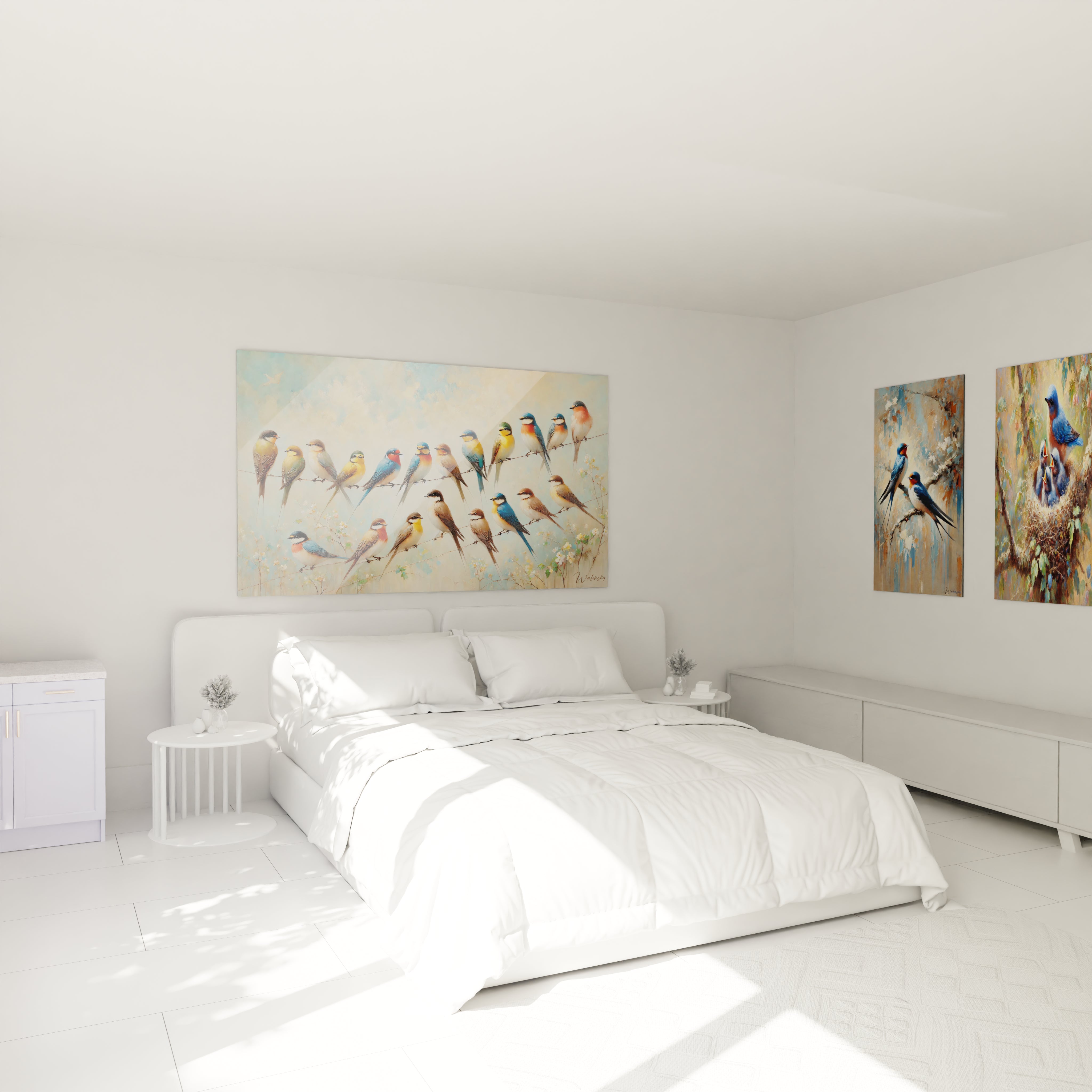 Accroché au-dessus du lit, ce tableau oiseaux enrichit la chambre avec ses couleurs douces et sa scène harmonieuse. Il apporte une touche de nature et de tranquillité à votre espace de repos.