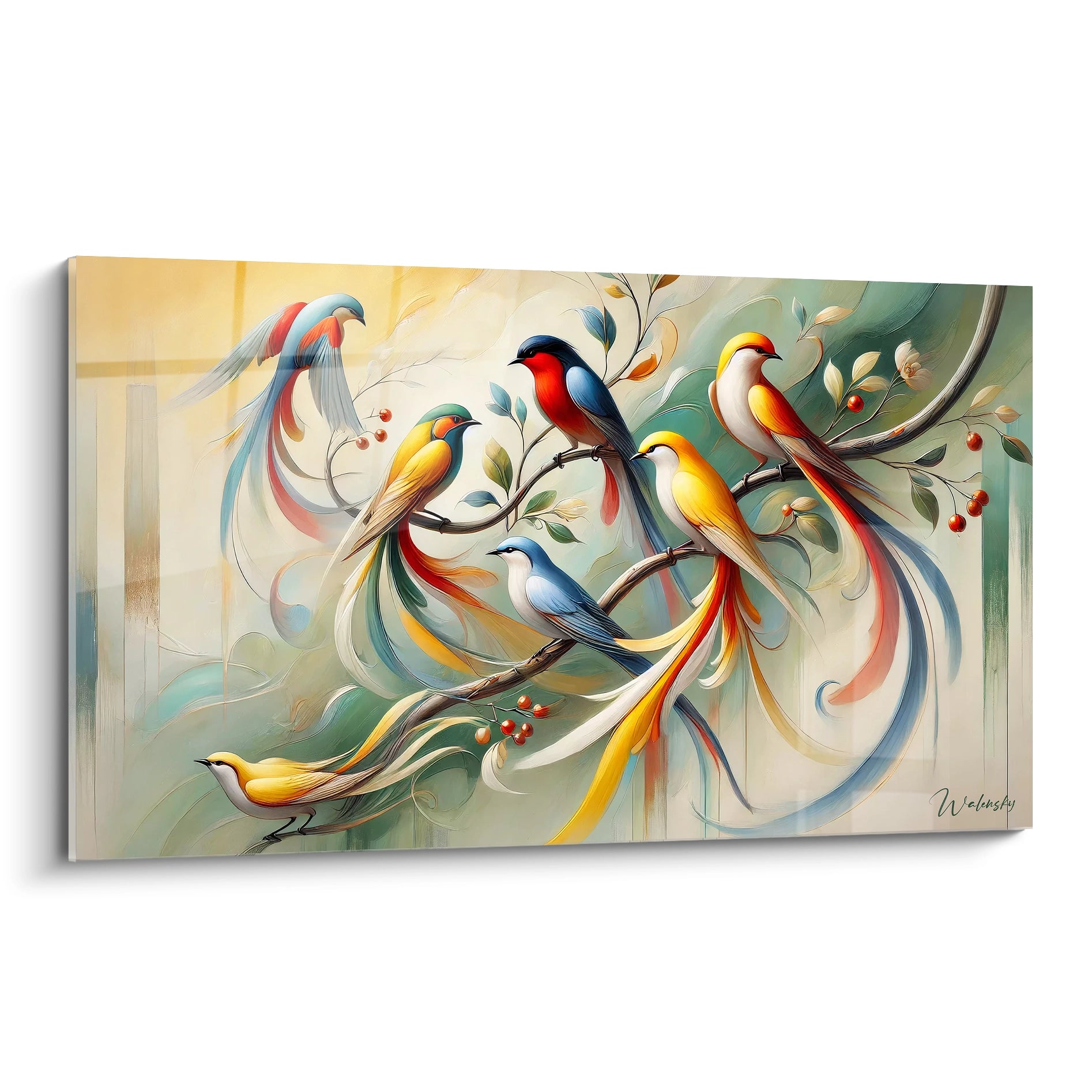 Découvrez ce tableau oiseaux stylisé avec des couleurs éclatantes. Vue de biais, cette œuvre révèle ses détails fluides et ses teintes exotiques inspirées de la nature.
