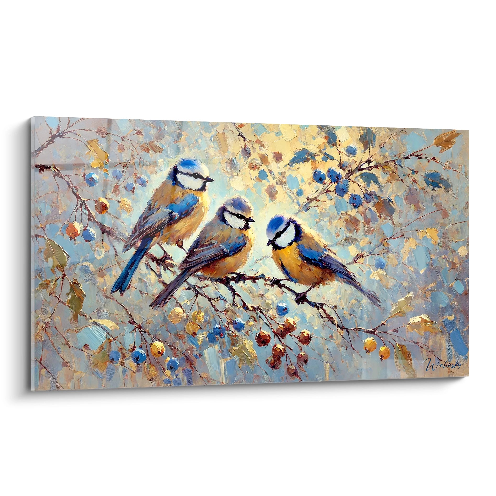 Ce tableau oiseaux met en scène trois mésanges perchées sur des branches, entourées de baies et feuillages, offrant une vue détaillée et vibrante, parfaite pour apporter de la sérénité à votre espace.