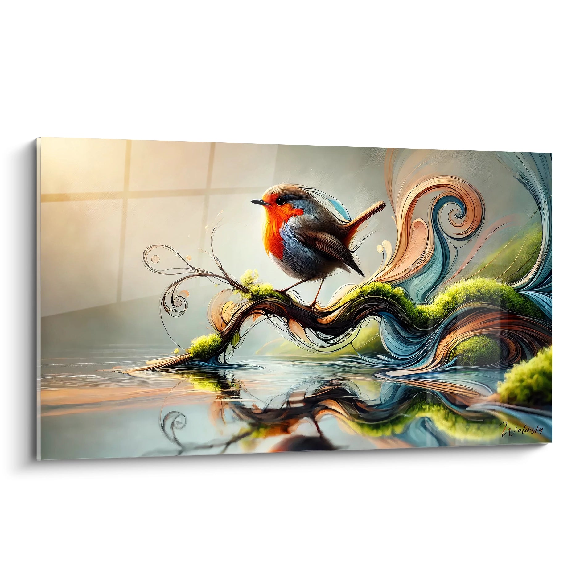 Ce tableau oiseaux, avec son oiseau aux couleurs vives posé sur une branche stylisée, est mis en valeur de biais. Il incarne une fusion parfaite entre nature et abstraction, idéal pour la décoration.

