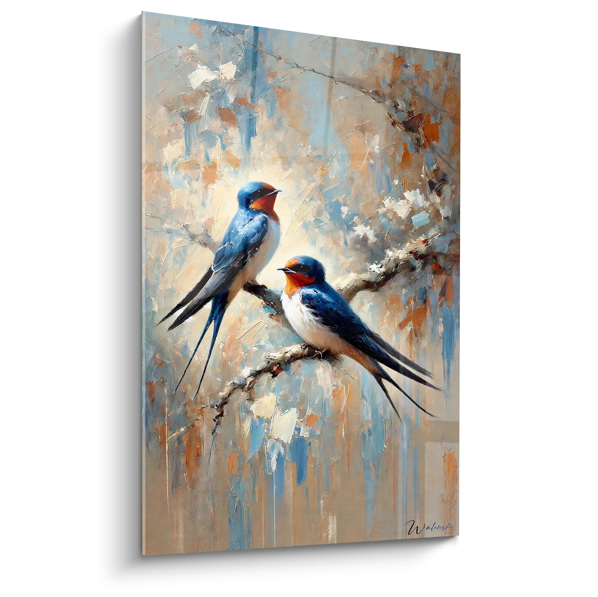 Admirez le tableau oiseaux capturant deux hirondelles perchées sur une branche. La vue de biais révèle les détails subtils et les couleurs vibrantes, parfait pour une ambiance artistique.